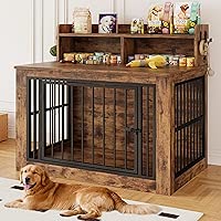 IRONCK Extra Large Dog Crate Furniture, 43.3 inches Wooden Dog Crate with Storage and 4 Hooks, Heavy Duty Pet Crate for Large Dog, Decorative Pet Cage for Indoor (30