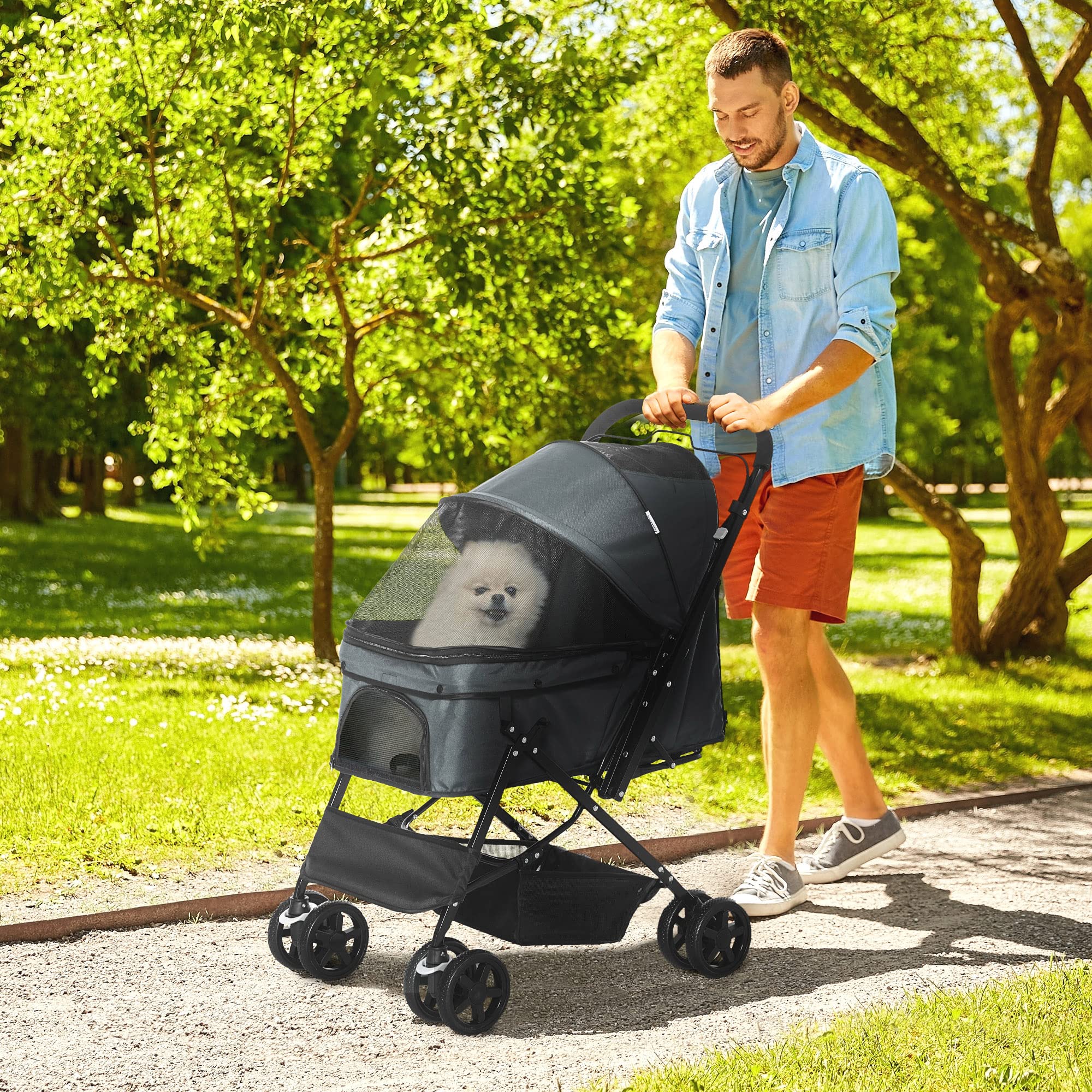 PawHut Carrito para Perros Plegable Cochecito para Perros Pequeños Cochecito para Mascotas con Mango Reversible Ventana de Malla Cesta y Cuerda de Seguridad Carga 10 kg 76,5x52x95 cm Gris