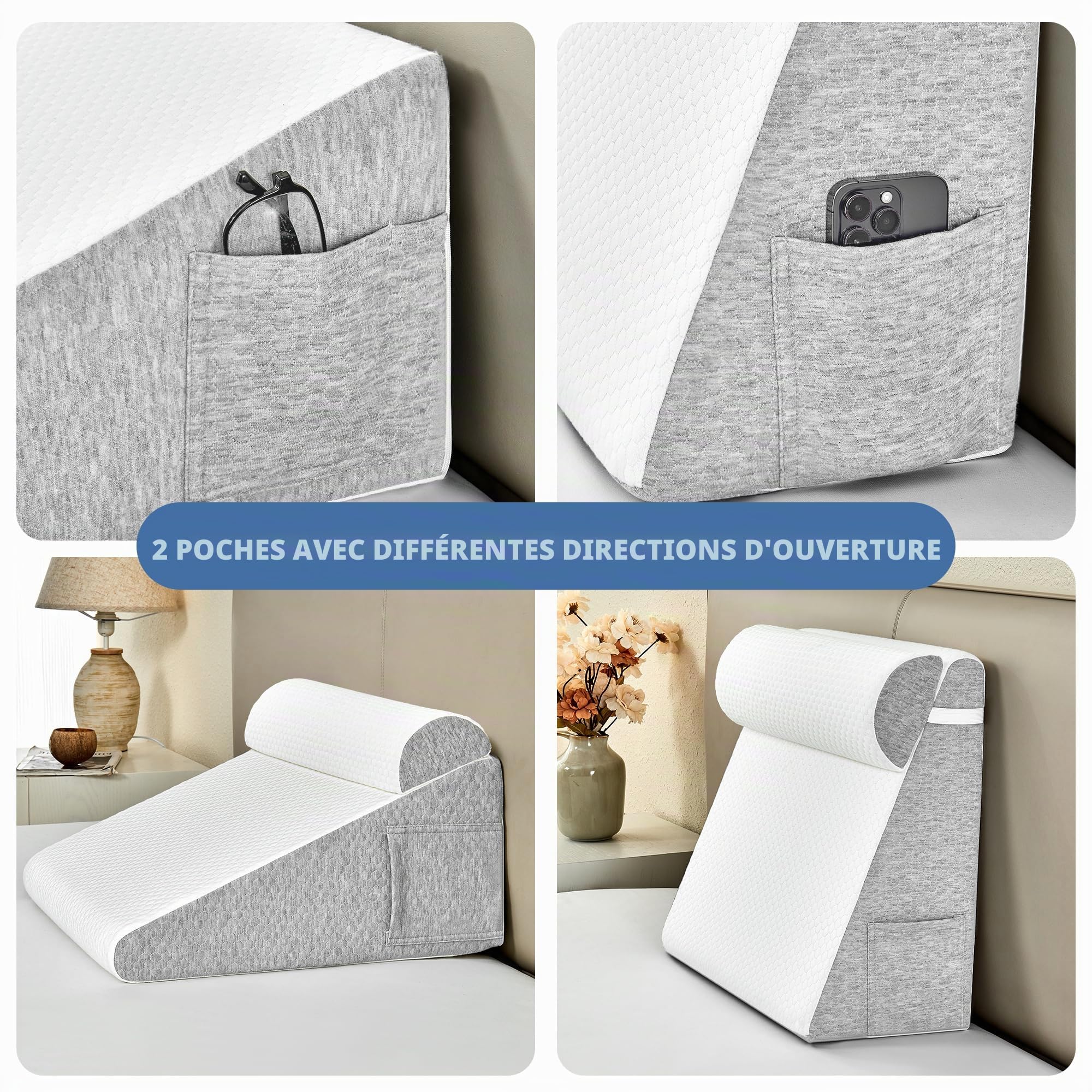 Coussin en Mousse à mémoire de Forme pour lit et canapé, Coussin de Lecture, Coussin arrière avec tête Semi-Circulaire, Gris Clair