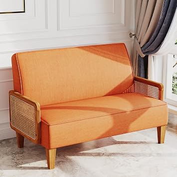 WENTMENT Loveseat Sofa Small Couch for Living Room Love Seat with Natural Rattan Armrest and Solid Wooden Legs Small Sofa for Small Space, Bedroom, ApartmentOrange
