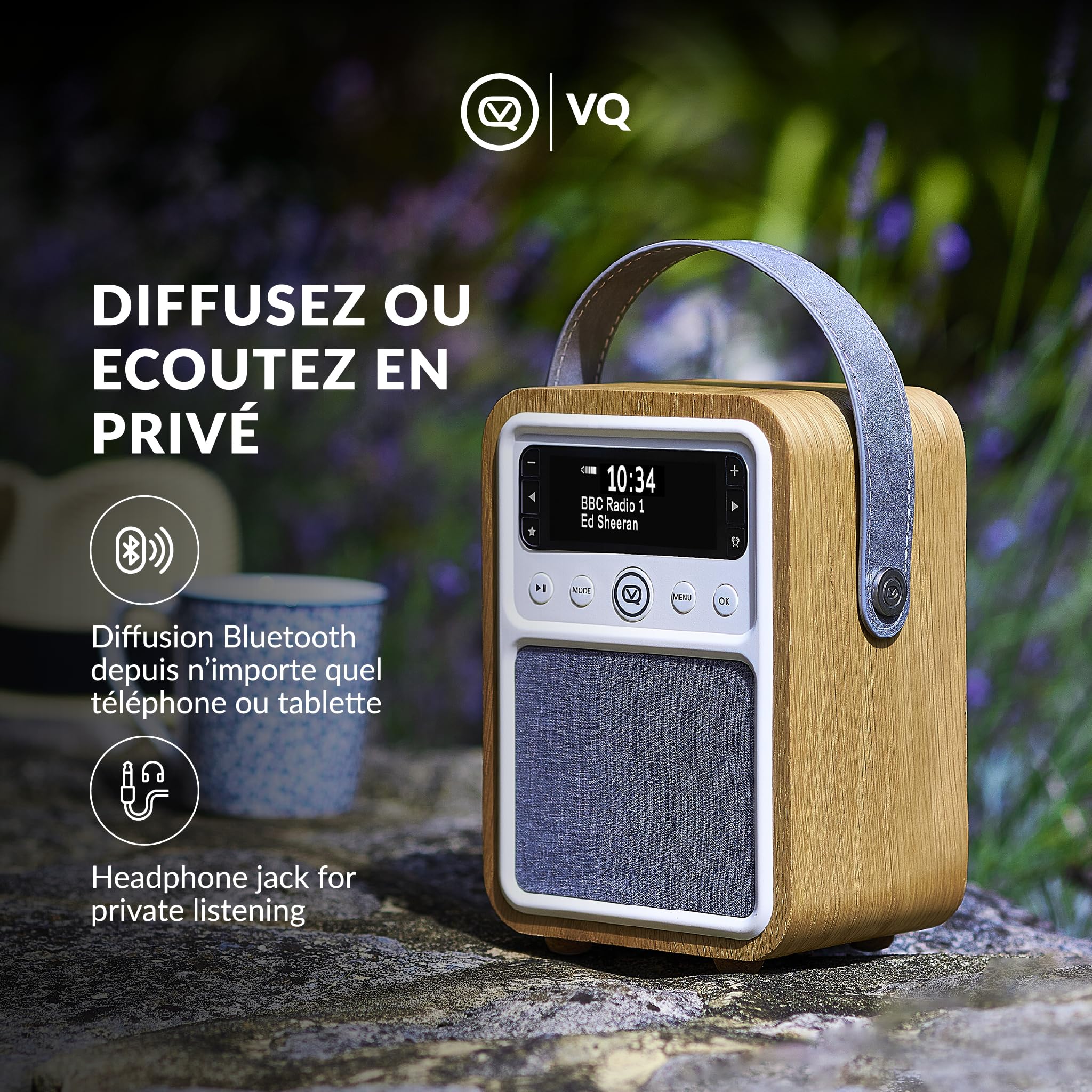 VQ Monty Radio DAB Plus/DAB avec Bluetooth, FM et Radio Réveil Fonction - Alimentée par Secteur et Batterie Radio Portable avec Antenne, Prise Casque et Port de Charge USB - Chêne