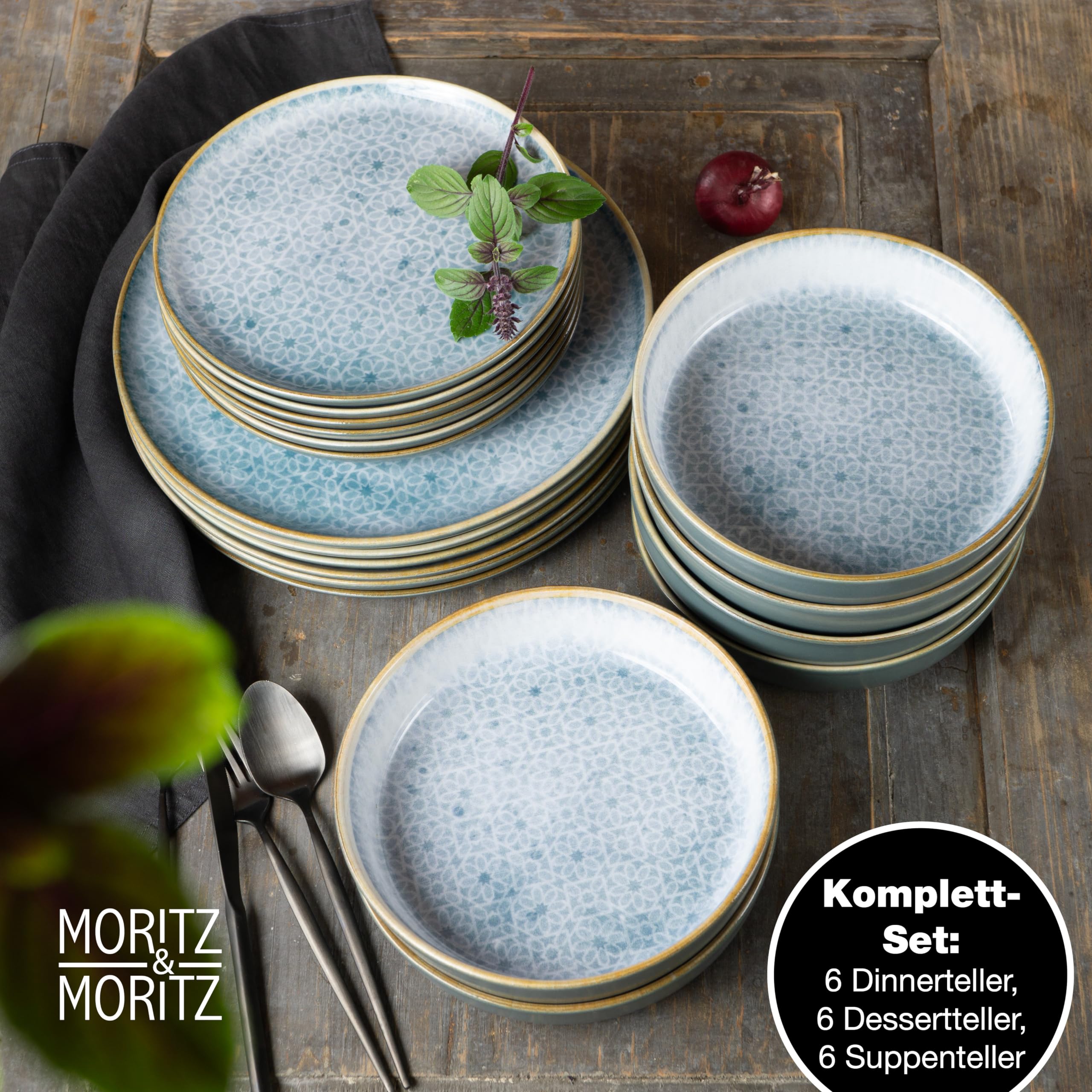 Moritz & Moritz TERRA 18-tlg Geschirrset 6 Personen - Teller Set in strahlendem Azurblau aus hochwertigem Porzellan - Geschirr Set 6 Personen aus je 6x Speiseteller, Dessertteller und Schalen
