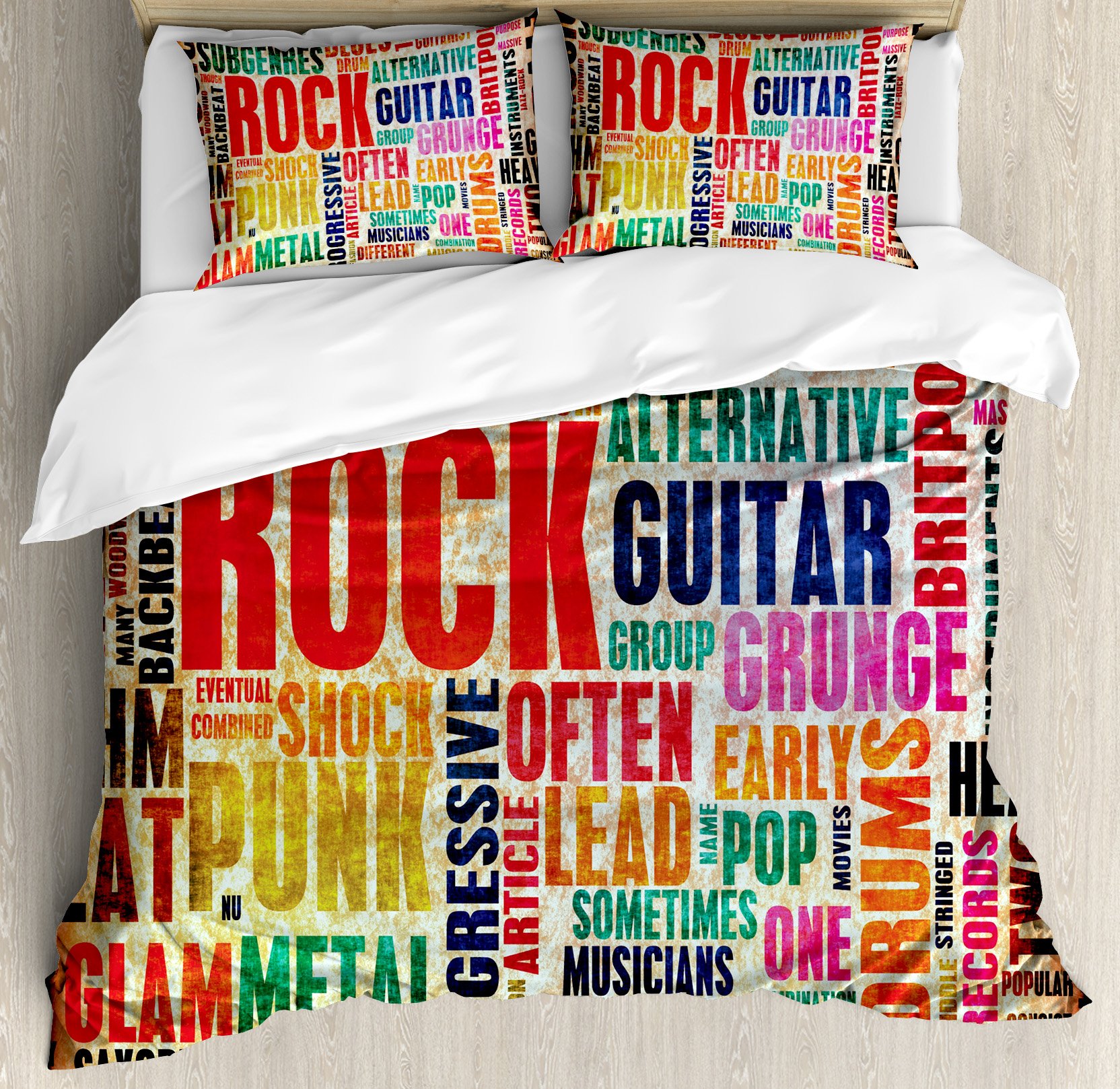 Ambesonne Music Duvet Cover Set, Retro Rock Roll Lettering Grunge Distressed Colors Back Then Sound 