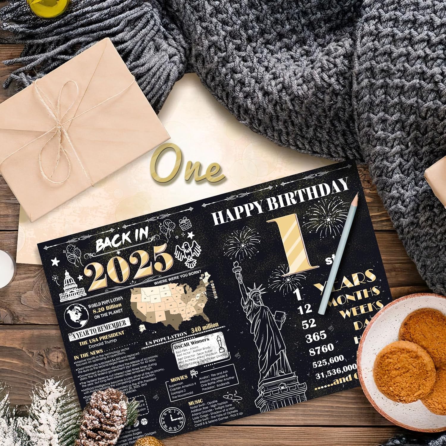 Large 1st Birthday Card for Boys Girls, Happy 1st Birthday Decorations Black Gold, Giant Guest Signature Book, Back in 2025 Big Oversized Bdy Greeting Card Ideas Gift for Party Favors - Image 3