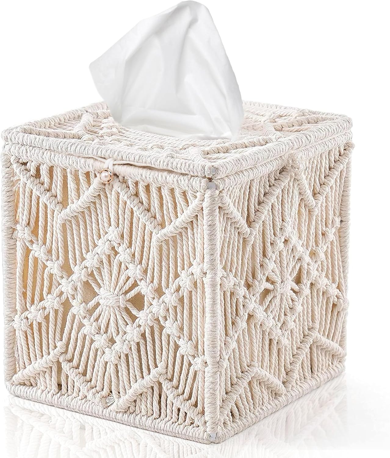 Tissue Box Cover Square Woven Macrame Napkin Facial Paper Organizer Boho Decor Tissues Holder with Bead Buckle, Home Desk Vanity Countertop Decor for Bathroom Bedroom Living Room Office, Ivory