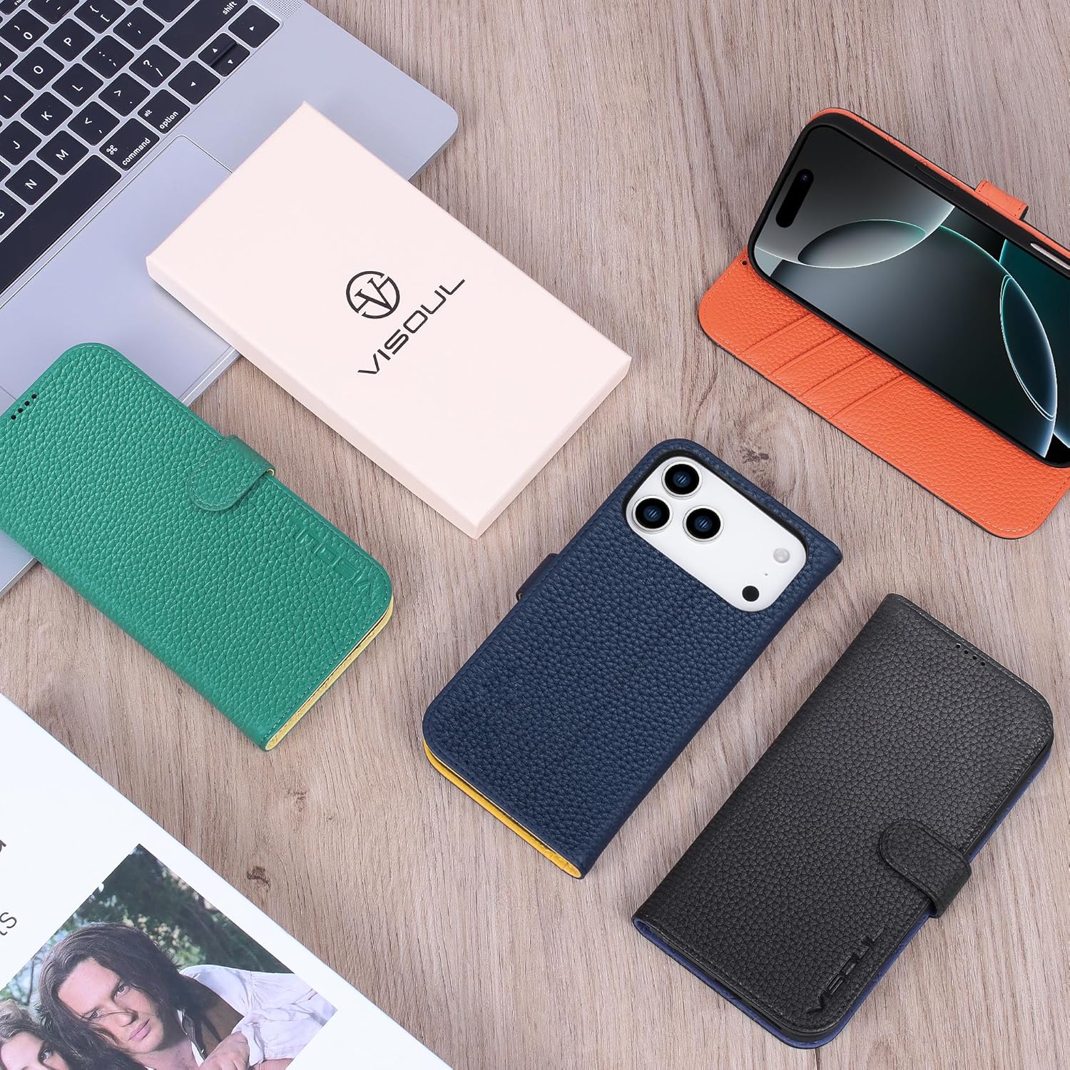 VISOUL Wallet Case for iPhone 17 Pro Max with Card Slots Pebbled Real Leather Protective Cover, RFID Blocking Kickstand Magnetic Folio Case Designed for iPhone 17 Pro Max (6.9")-Black+Blue - Image 9