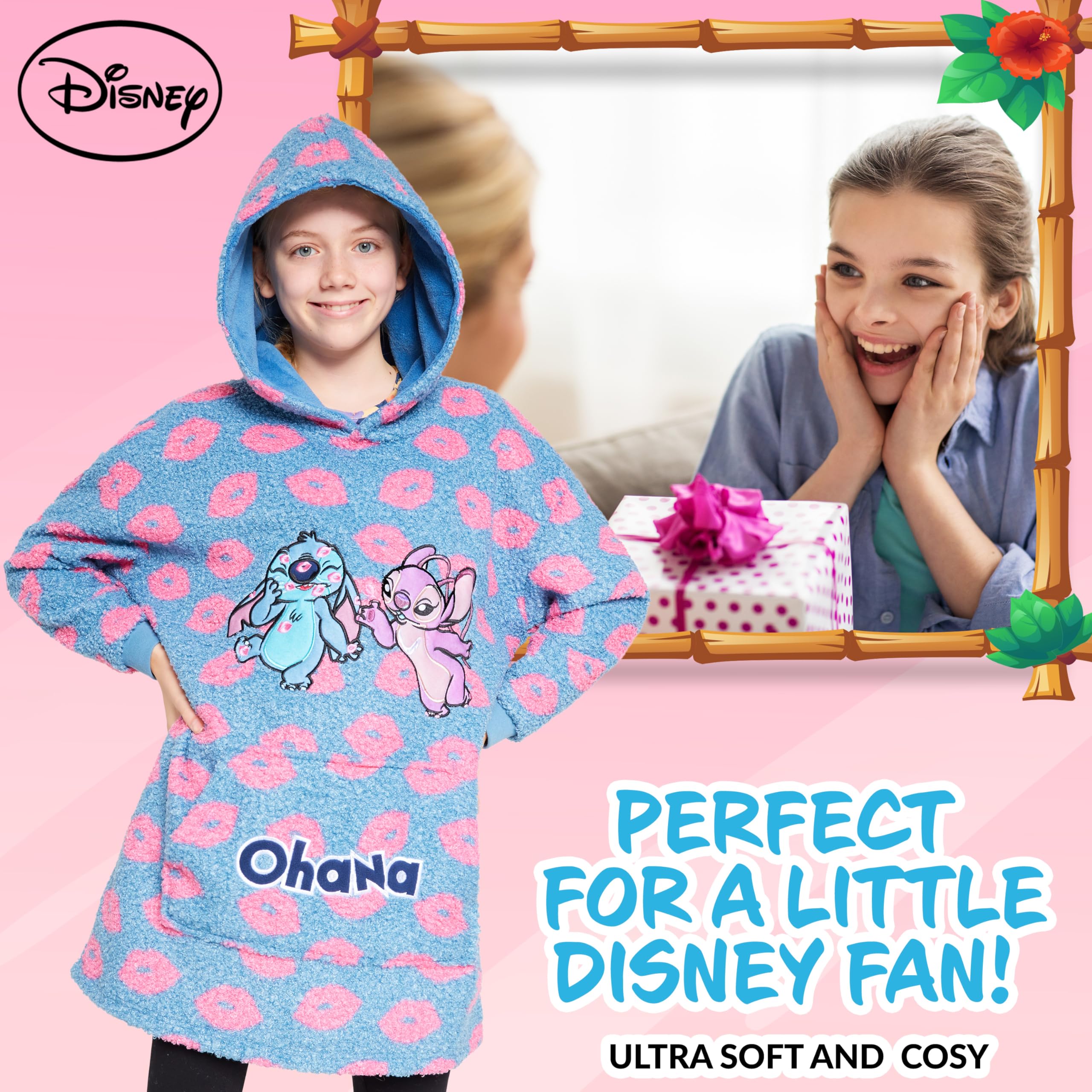 Disney Stitch Fleece Hoodie Blanket for Kids and Teenagers - One Size Fluffy Oversized Hoodie - Stitch Gifts (Blue Stitch/Angel)