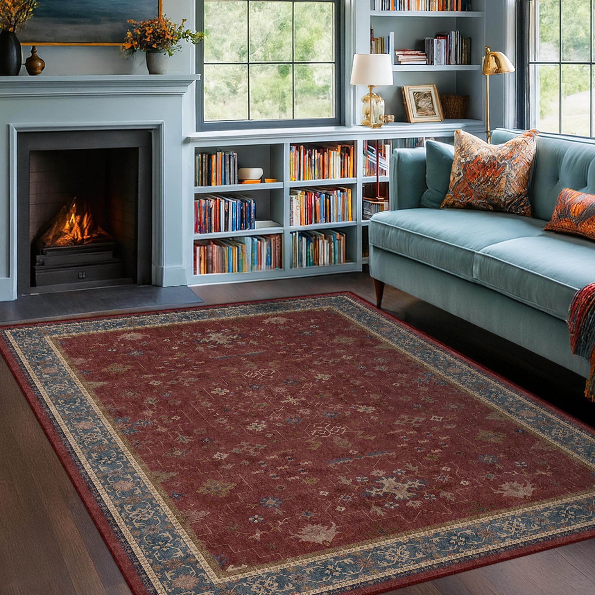 Photo 1 of 5x7 Boho Dark Red Rug for Living Room - Vintage Oriental Revival Low-Pile Carpet for Bedroom, Dining Table, Home Office, Machine Washable Area Rug Non-Slip with Rubber Back