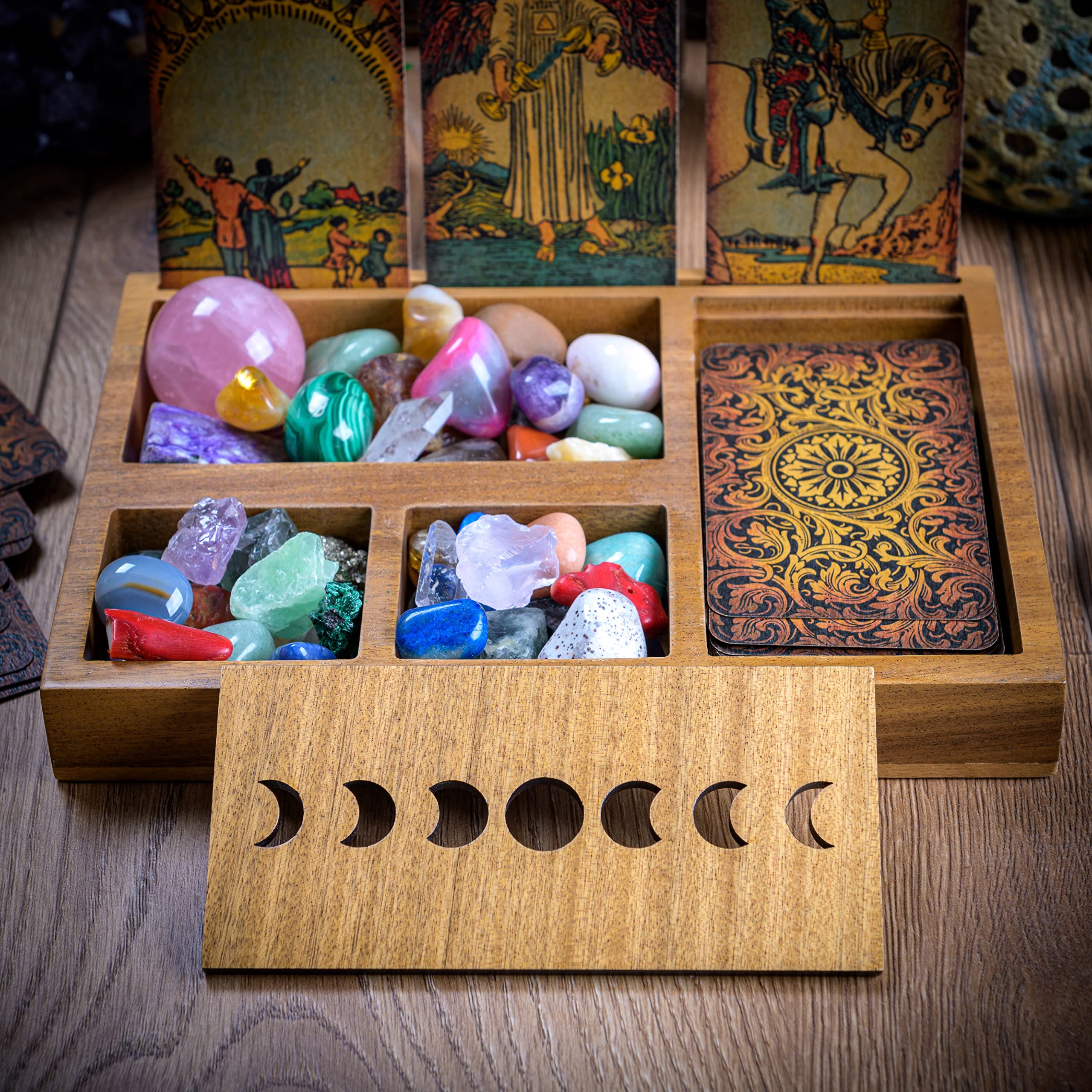 Boîte de rangement pour cartes de tarot avec 3 lectures immersives, support de cartes de tarot et support en cristal Design phase de lune Support de plateau de tarot et plateau en cristal