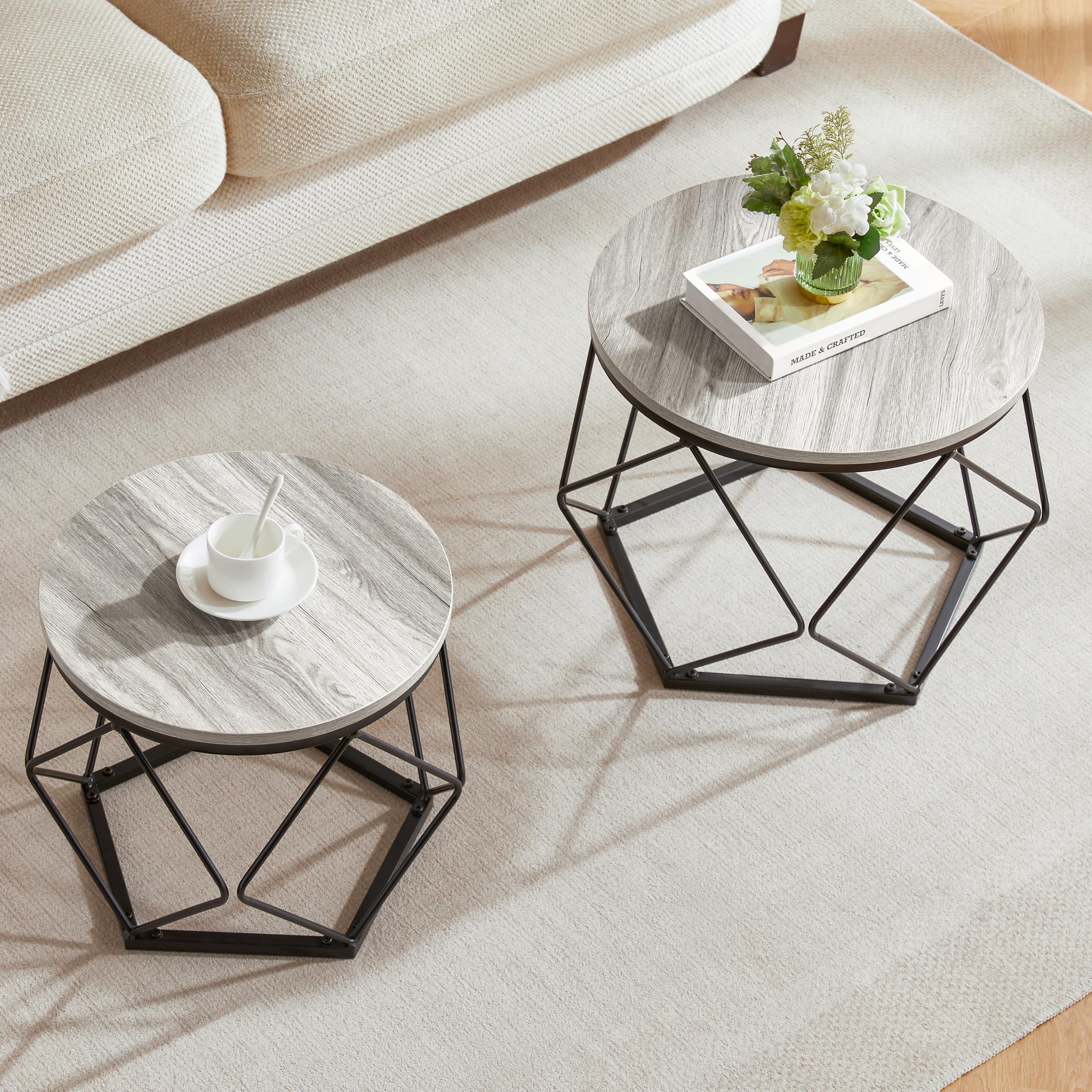 Vida Designs Brooklyn - Juego de 2 mesas auxiliares Redondas, Marco de Acero Moderno, Muebles de Sala de Estar (Gris)
