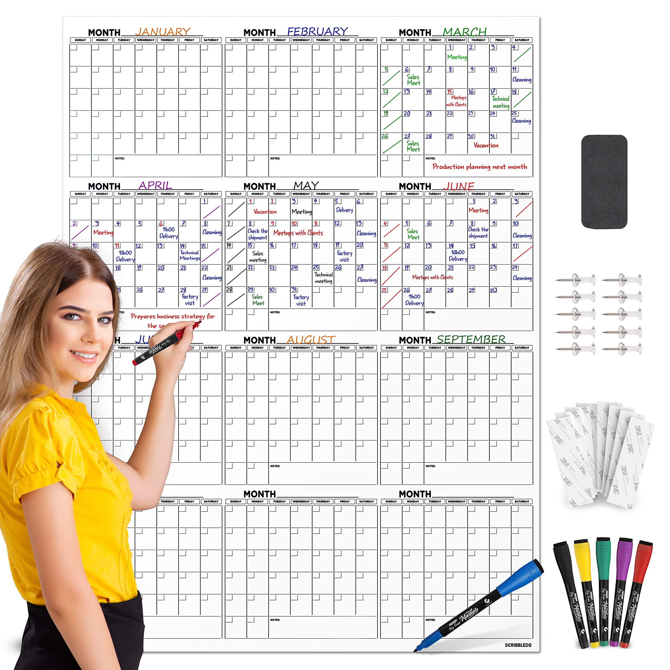 Grande calendario da parete cancellabile a secco 91,4 x 121,9 cm, calendario da parete 2024 annuale mensile, include 6 pennarelli, cancellino e nastro di montaggio