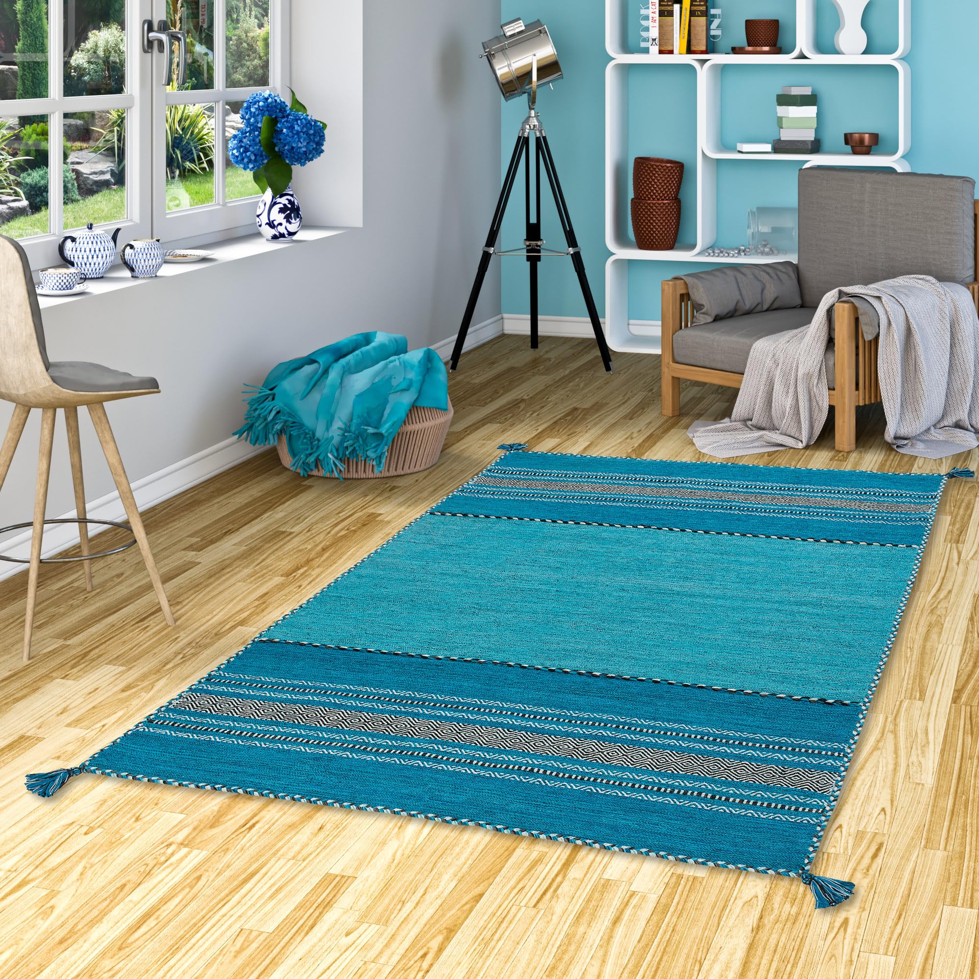 Pergamon Navarro - Tapis Kilim Naturel - Turquoise - 6 Tailles Disponibles