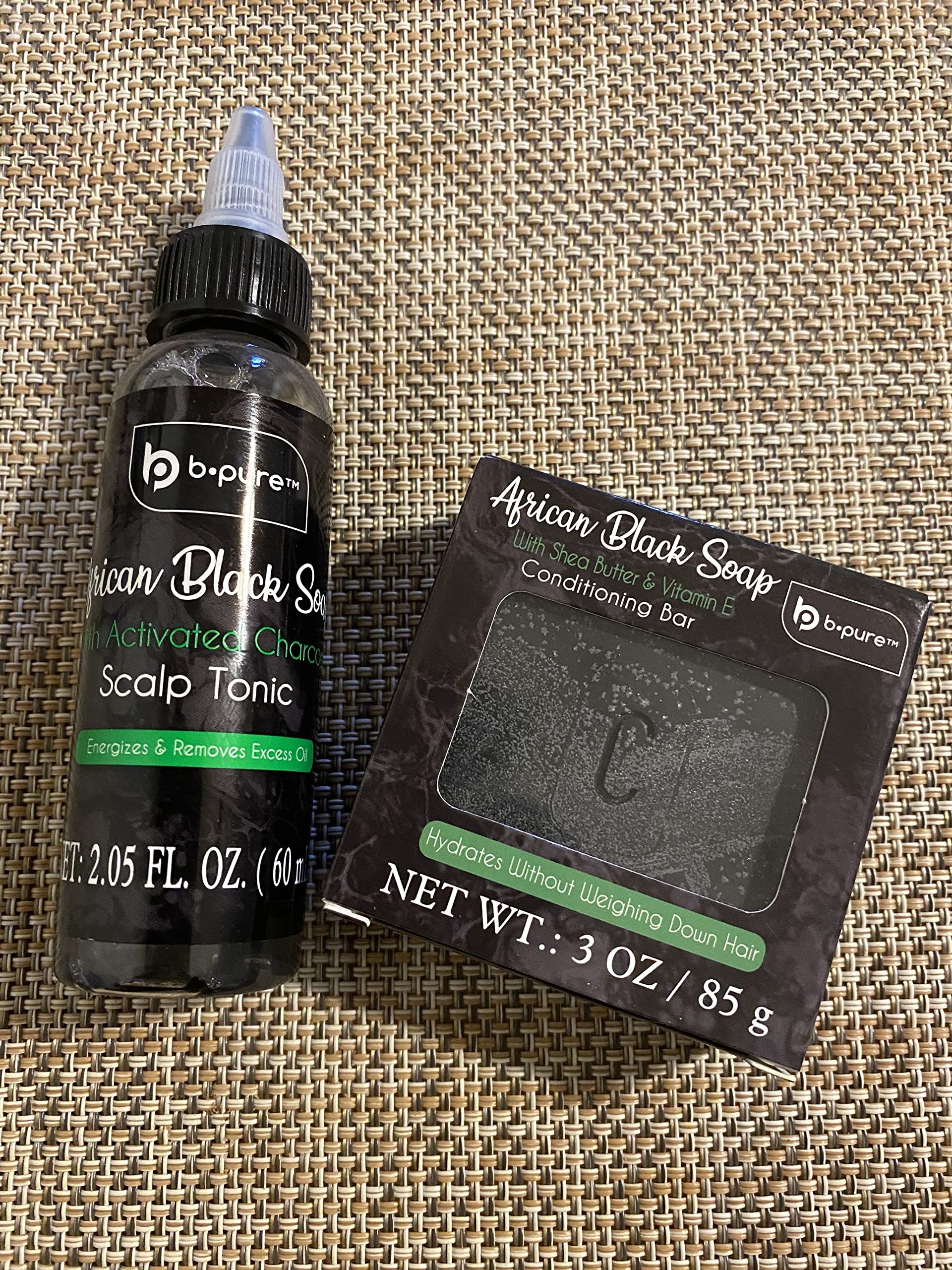 b.pure African Black Soap Conditioning Bar with Shea Butter & Vitamin E and Hair Tonic Bundle