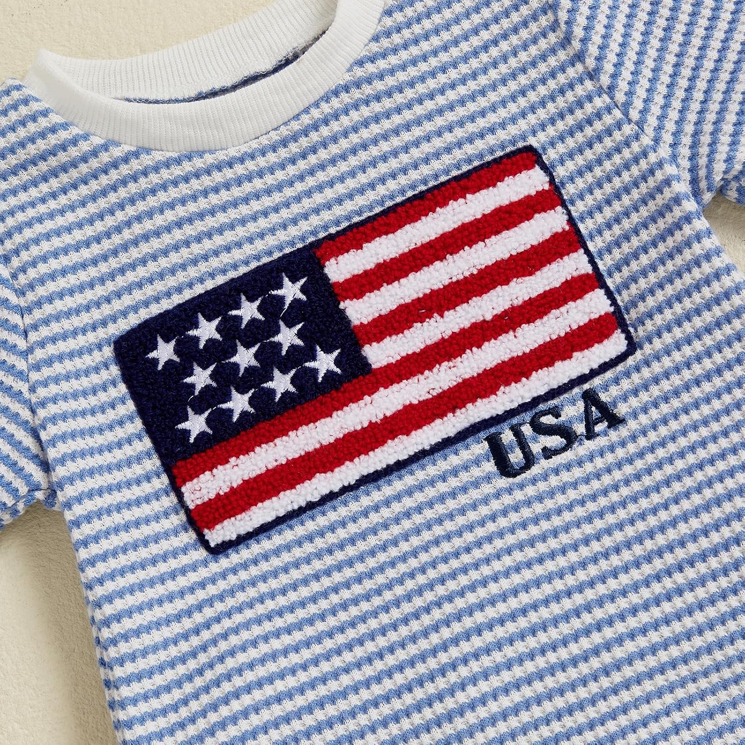 Toddler Baby Boy 4th of July Outfit USA Flag Embroidery Striped Waffle Knit T-Shirt and Shorts Set Patriotic Clothes