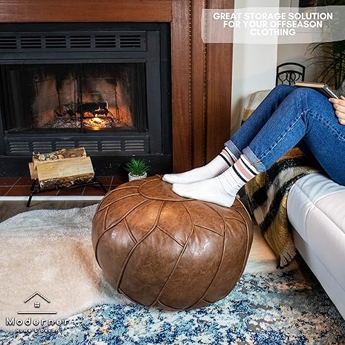 Miniatura 9 de Moderner Puf de piel sintética otomana sin relleno, reposapiés marroquí, cojín para reposapiés, solución de almacenamiento, color marrón natural