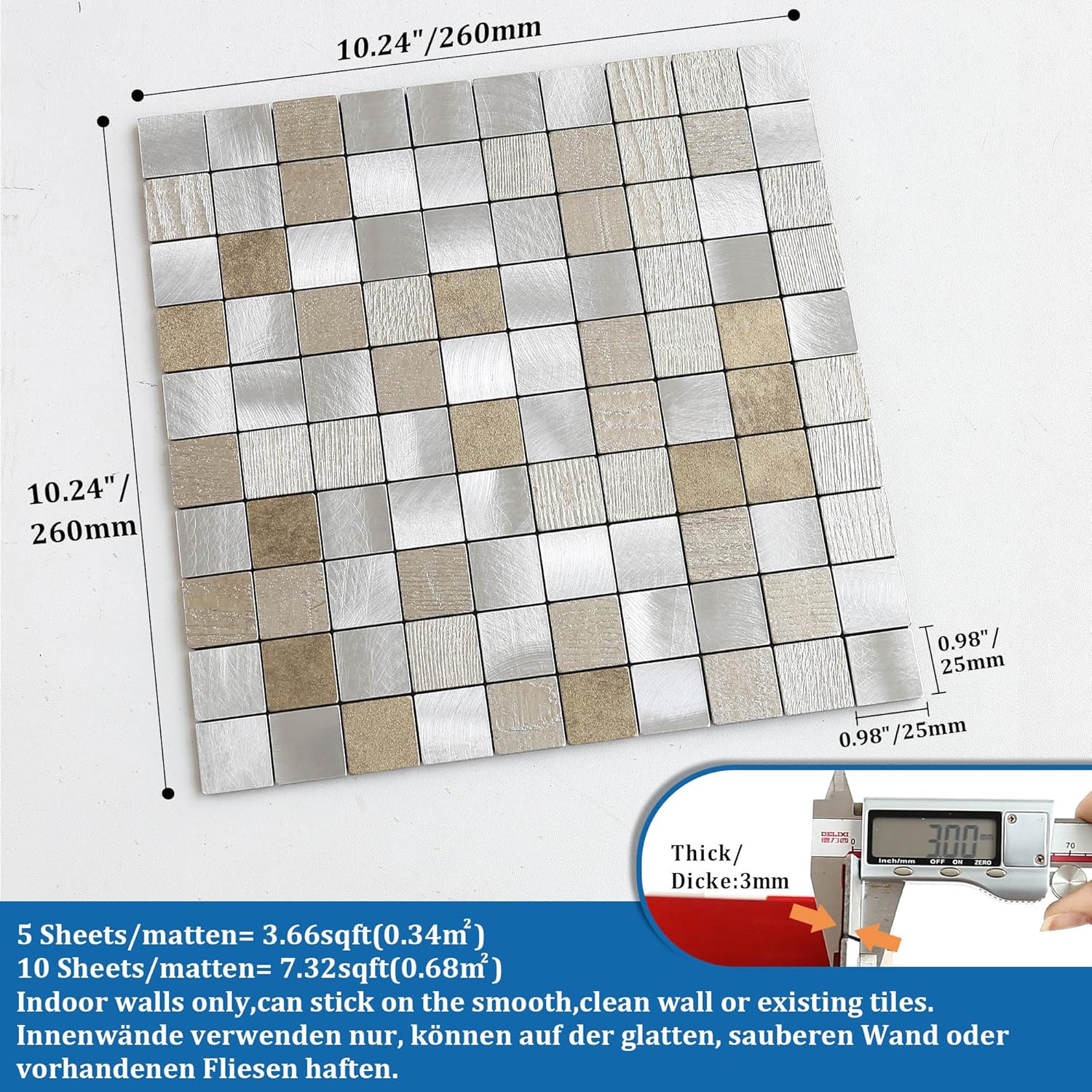 Stone Backsplash Tile Peel and Stick for Kitchen,Bathroom Square Mosaic Wall Sticker Panels Waterproof(Beige Champagne 10pcs)