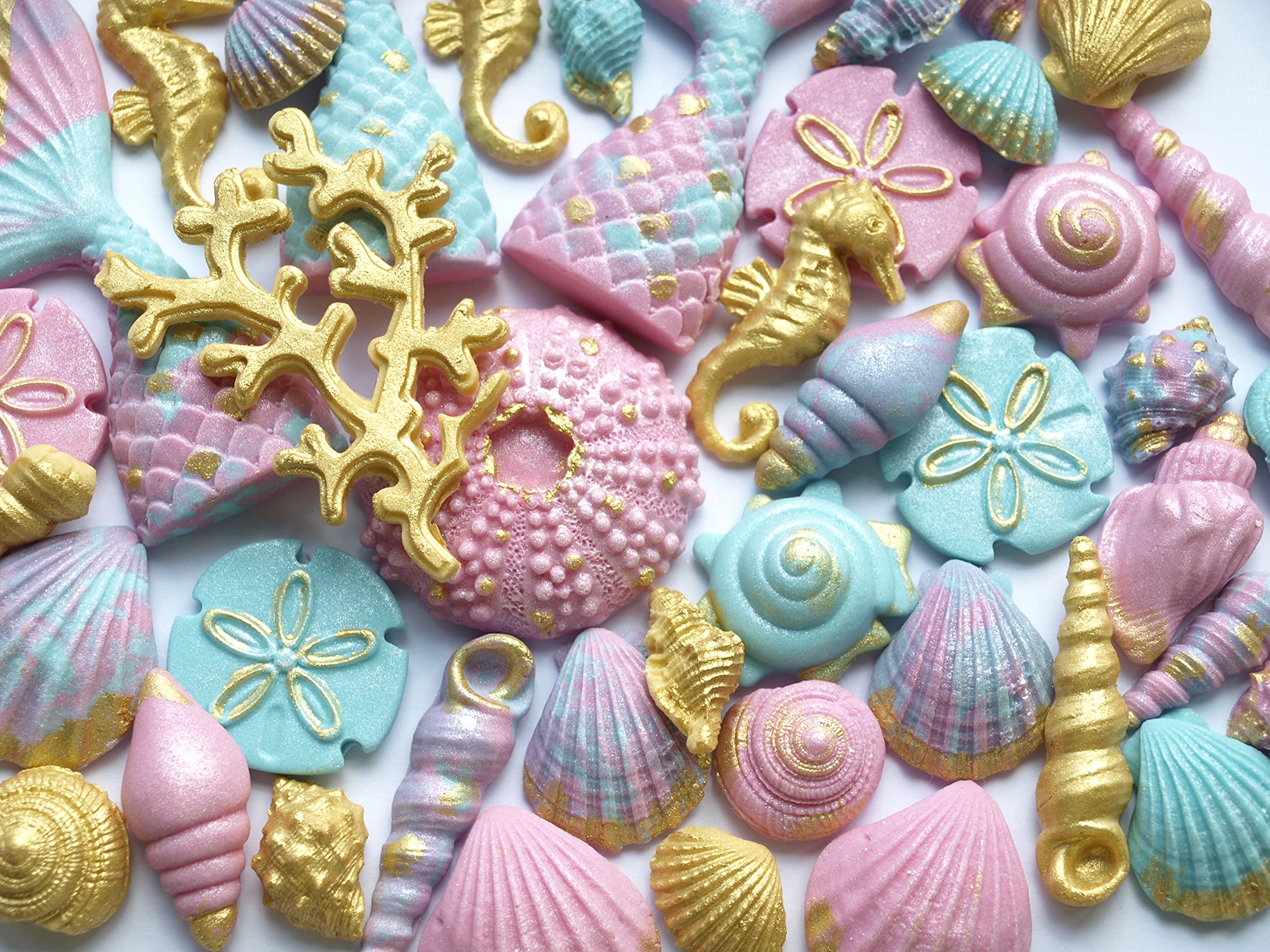 25x Edible Seashells, Rainbow Mermaid Tail - Fondant Cupcake Cake Toppers Decoration