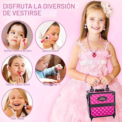 Miniatura 6 de Juego de 99 piezas de maquillaje para niñas, juguetes de princesa, juego de cosméticos lavables con espejo, lazos para el cabello, uñas, anillos,