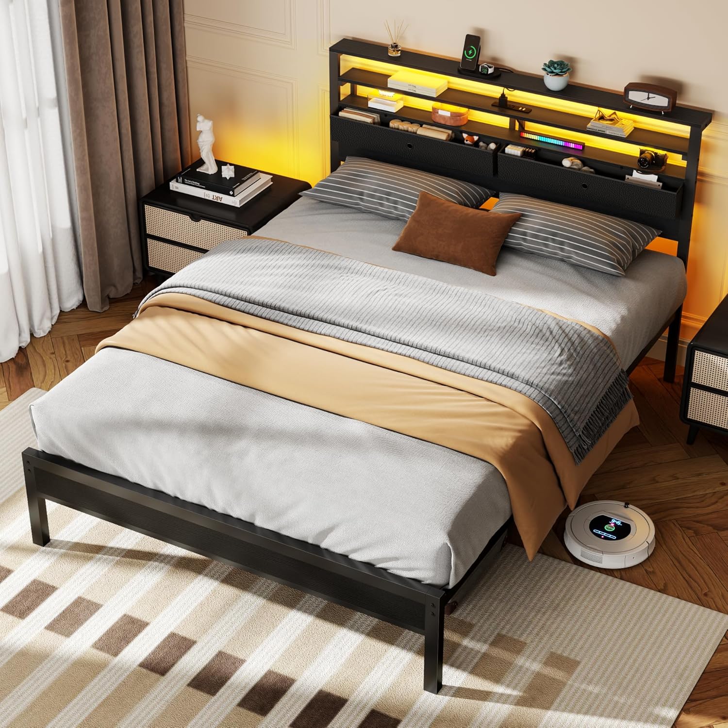 Furnulem Queen Bed Frame with Headboard & 2 Fabric Drawers, Bed Frame Queen Size Featuring LED Lights, Built-in Charging Station & Storage Shelves, Metal Slats, No Box Spring Needed – Black Oak - Image 8