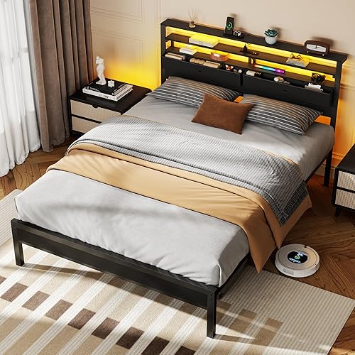 Miniatura 8 de Furnulem Base de cama Queen con cabecero y 2 cajones de tela, marco de cama tamaño Queen con luces LED, estación de carga integrada y estantes de