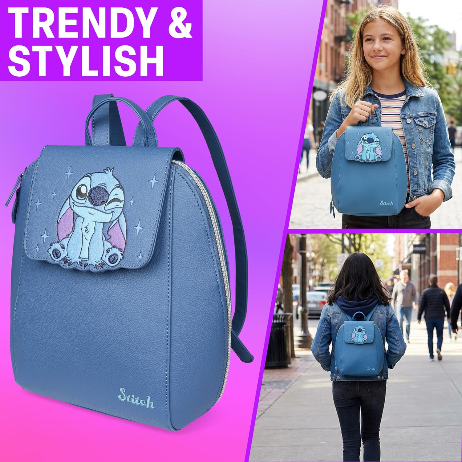 Get Trend Disney Stitch Backpack for Women, Teens, Mini PU Leather Daypack with Adjustable Straps, Small Travel Bag for School, Work, Gifts for Women (Blue Stitch)