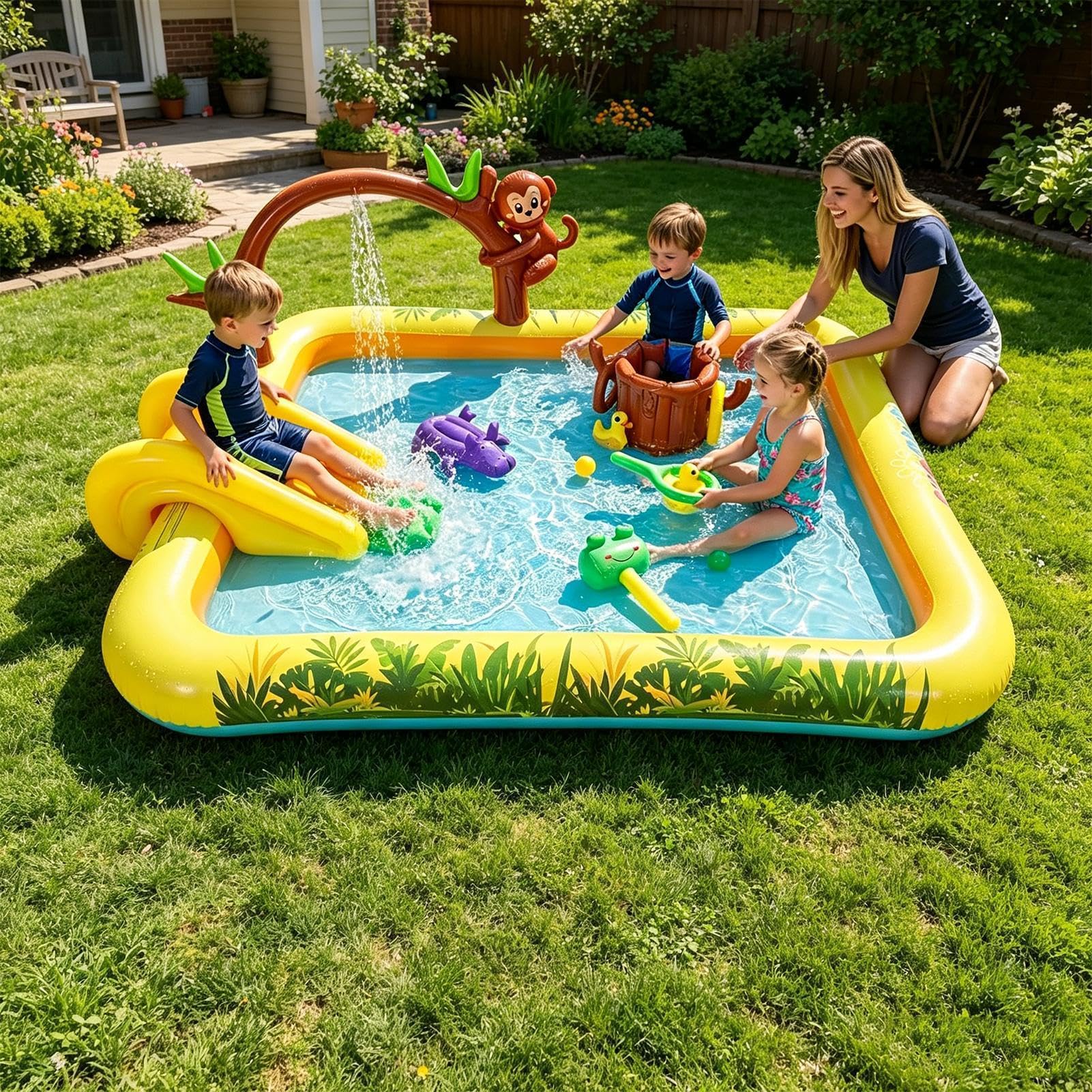 Kinderpool für den Garten Niedliches Dschungeltier-Design als | Blasbares Schwimmbecken für Hinterhof, Garten, Rasen, Terrasse, , Park, Urlaub, Haus, Schule
