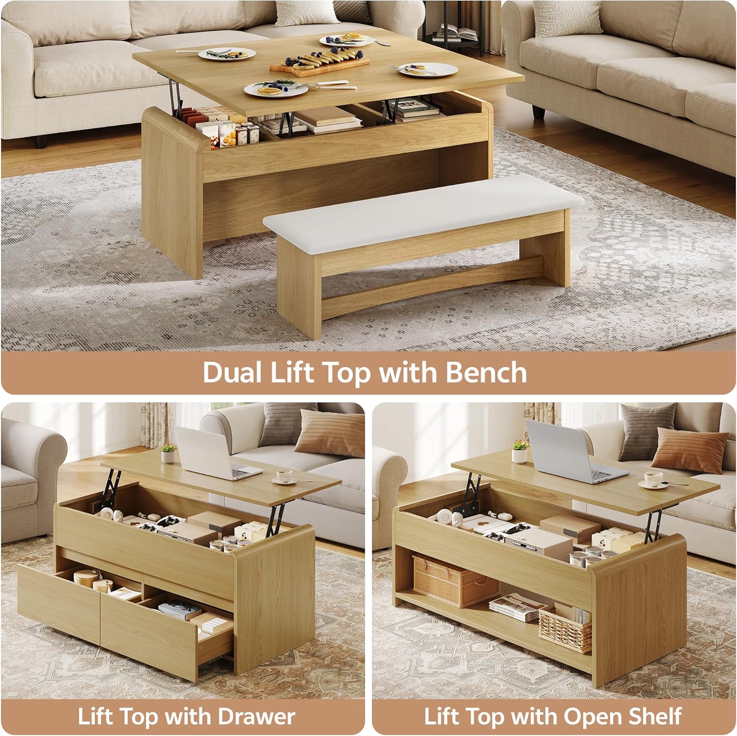 Coffee Table Lift Top with 2 Drawers, 40 Inch Multi-Function Coffee Table with Hidden Compartment, Curved Profile Design, Converts to Home Office Table for Living Room, Natural