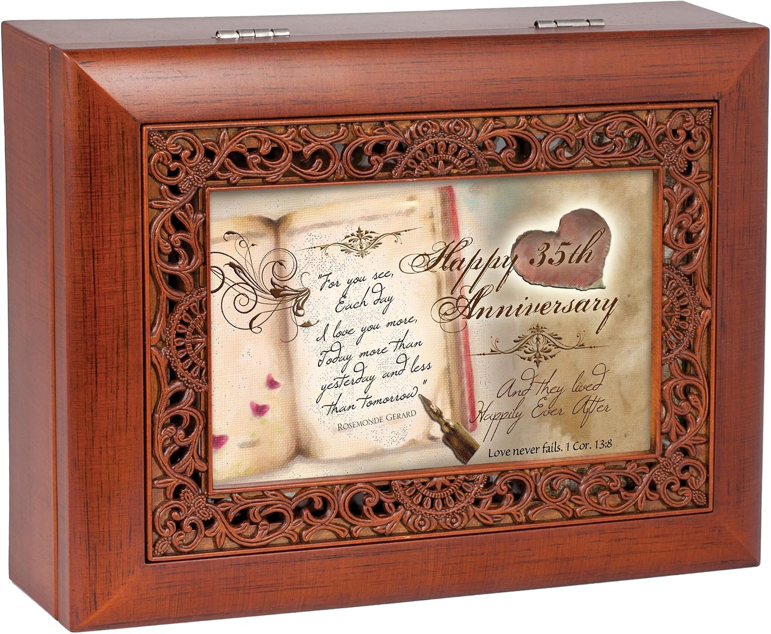 Cottage Garden Happy 35th Anniversary Rich Woodgrain Finish with Ornate Inlay Jewelry Music Box - Plays Amazing Grace image 3