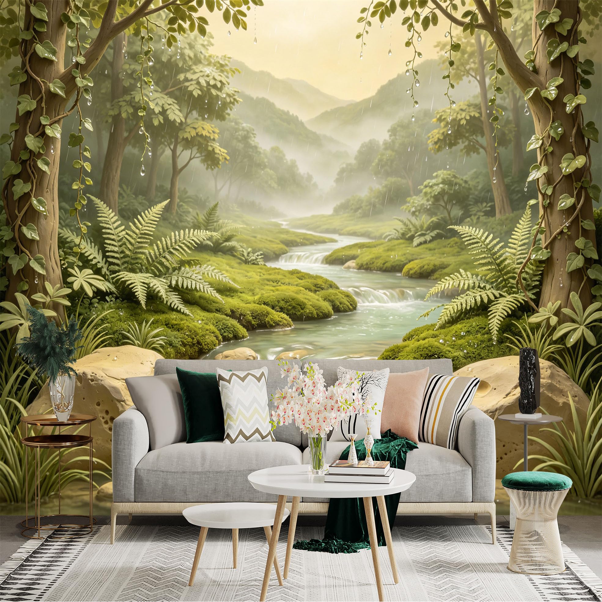 Custom Size Wall Sticker Mural， Tranquil Forest Stream with Moss Rocks and Ferns， for wall Decoration， peelandstick wall Decals.