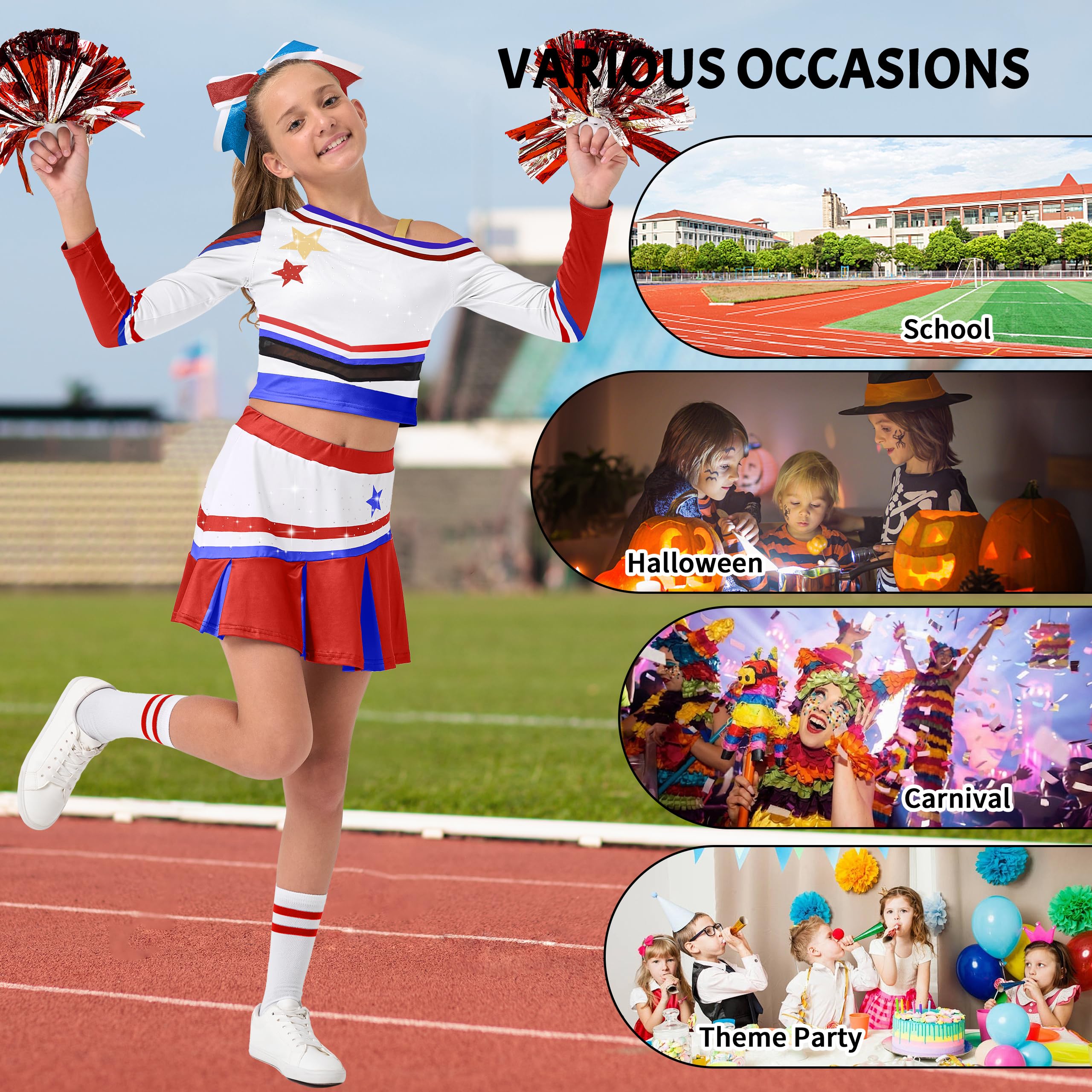 LOLANTA Girls Sparkly Cheerleader Costume with Pom Poms, Hair Bow & Socks, Fancy Dress Outfit, red, 7-8 Years, 130 - Image 4