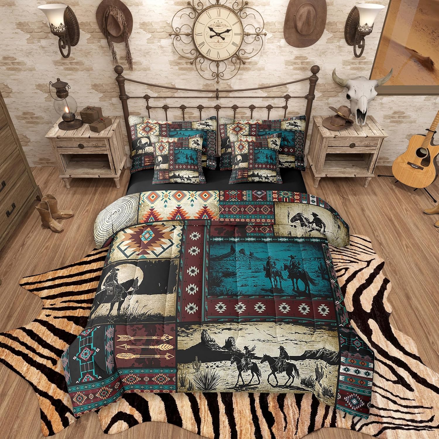 Feelyou Kids Western Cowboy Comforter Set 7 Pieces King Size Wild West Rustic Southwestern Bedding Set Exotic Plaid Geometric Bed in a Bag,Comforter + Sheets + Pillowcases + Cushion Covers