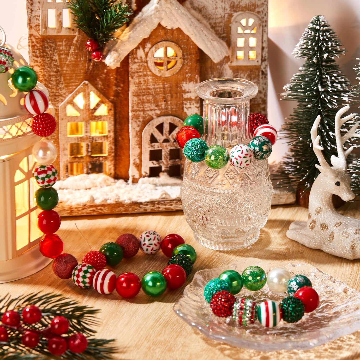 40 Pcs 20mm Christmas Bead for Pen Rhinestone Bubblegum Bead Mixed Crystal Resin Chunky Sugar for Pen Beadable Keychain DIY Craft Jewelry Making Supply(Red, Green and White) - Image 7