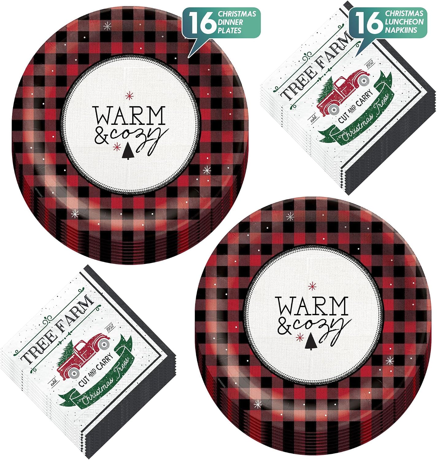 Red & Black Buffalo Plaid Warm and Cozy Happy Holidays Paper Dinner Plates With Tree Farm Truck Lunch Napkins (Serves 16)