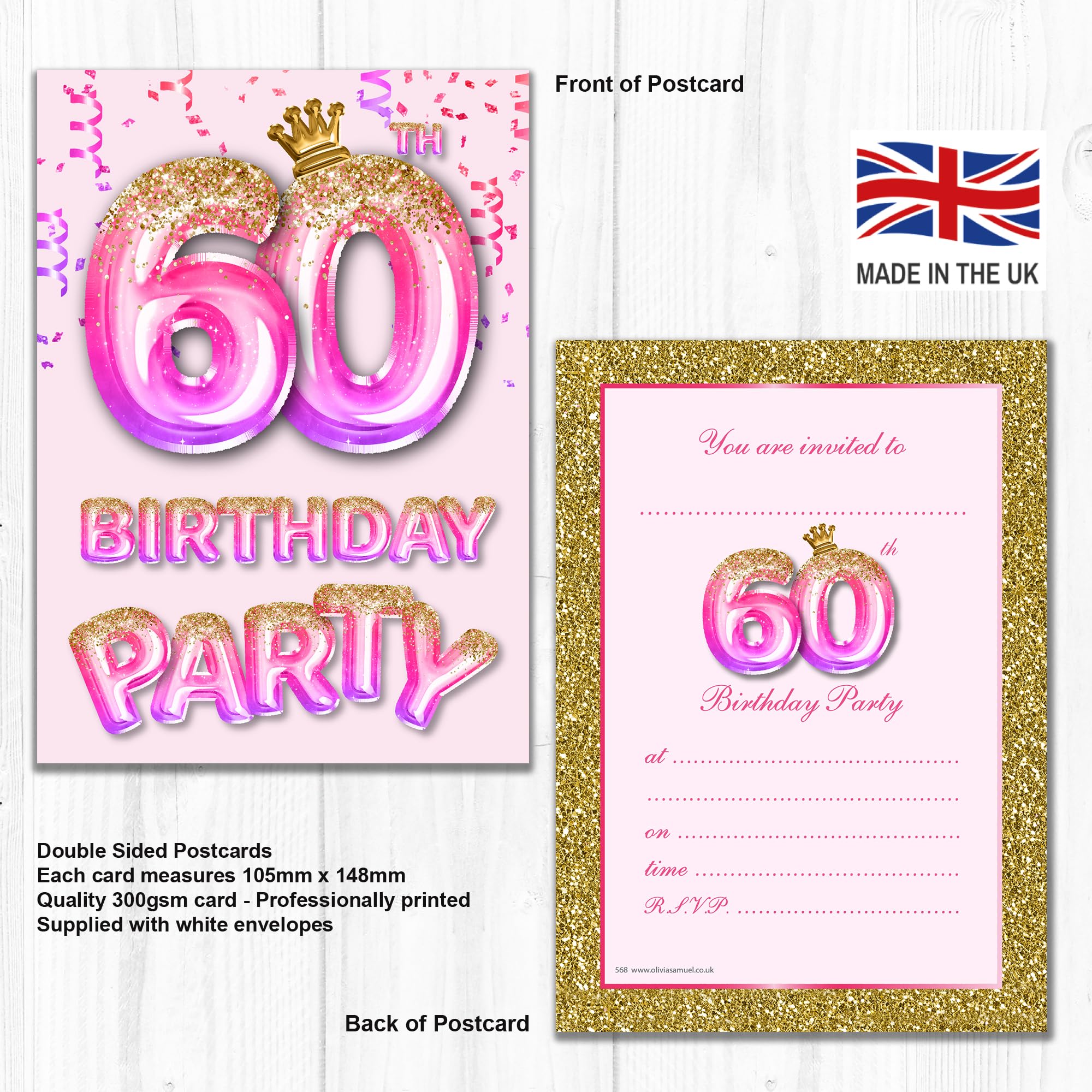 Olivia Samuel Paquete de 20 invitaciones de 60 cumpleaños con sobres, efecto rosa y dorado, listas para escribir, diseñadas e impresas en el Reino Unido