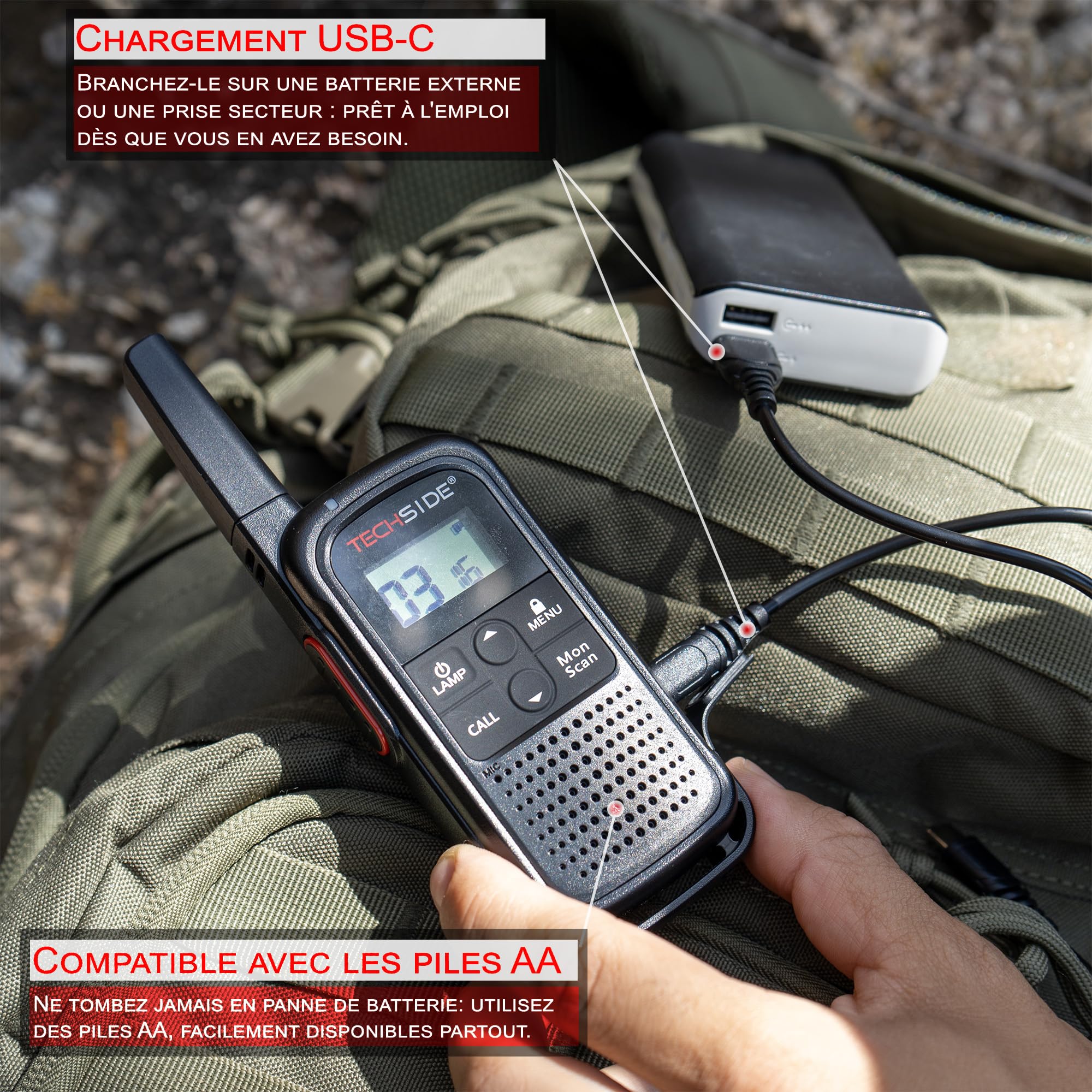 TechSide TS-T3 Go Talkie-Walkie PMR446, 16 Canaux, Portée 10 km, Recharge USB-C, avec Lampe LED, Lot de 2