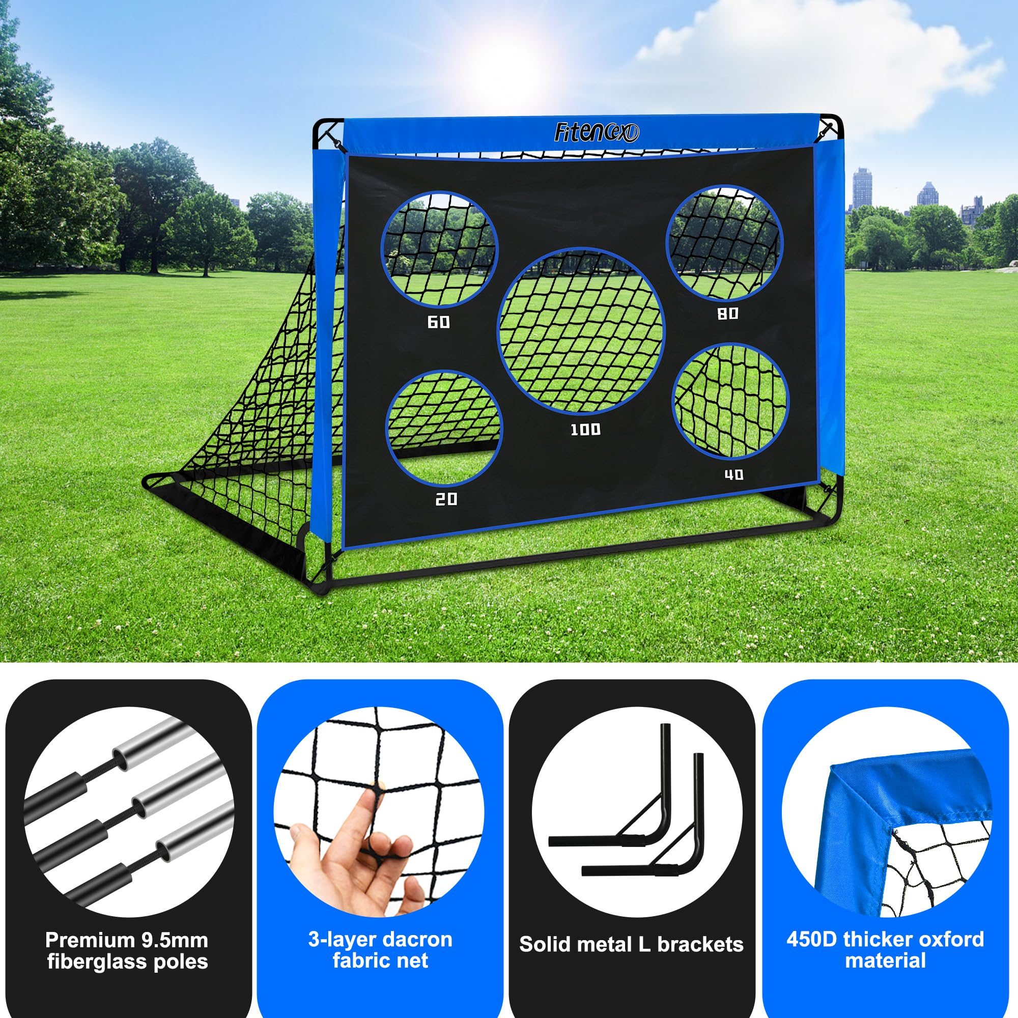 Fußballtor Kinder - 3-in-1 Pop Up Tor mit Torwand | Goal für Garten, Park & Strand | Outdoor Fussballtore mit 5 Schusslöchern, 3 Zielscheiben & 6 Hindernissen | inkl. Tasche & Bodennägel