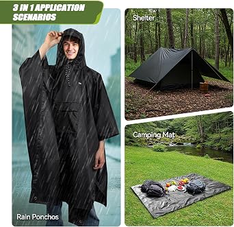 TechRise Waterproof Rain Poncho, Reusable Adult Rain Coat Lightweight Raincoat with Hood for Men and Women, 3-in-1 Multifunctional Rain Cape Jacket for Hiking