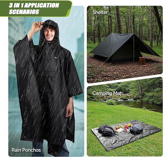 TechRise Waterproof Rain Poncho, Reusable Adult Rain Coat Lightweight Raincoat with Hood for Men and Women, 3-in-1 Multifunctional Rain Cape Jacket for Hiking