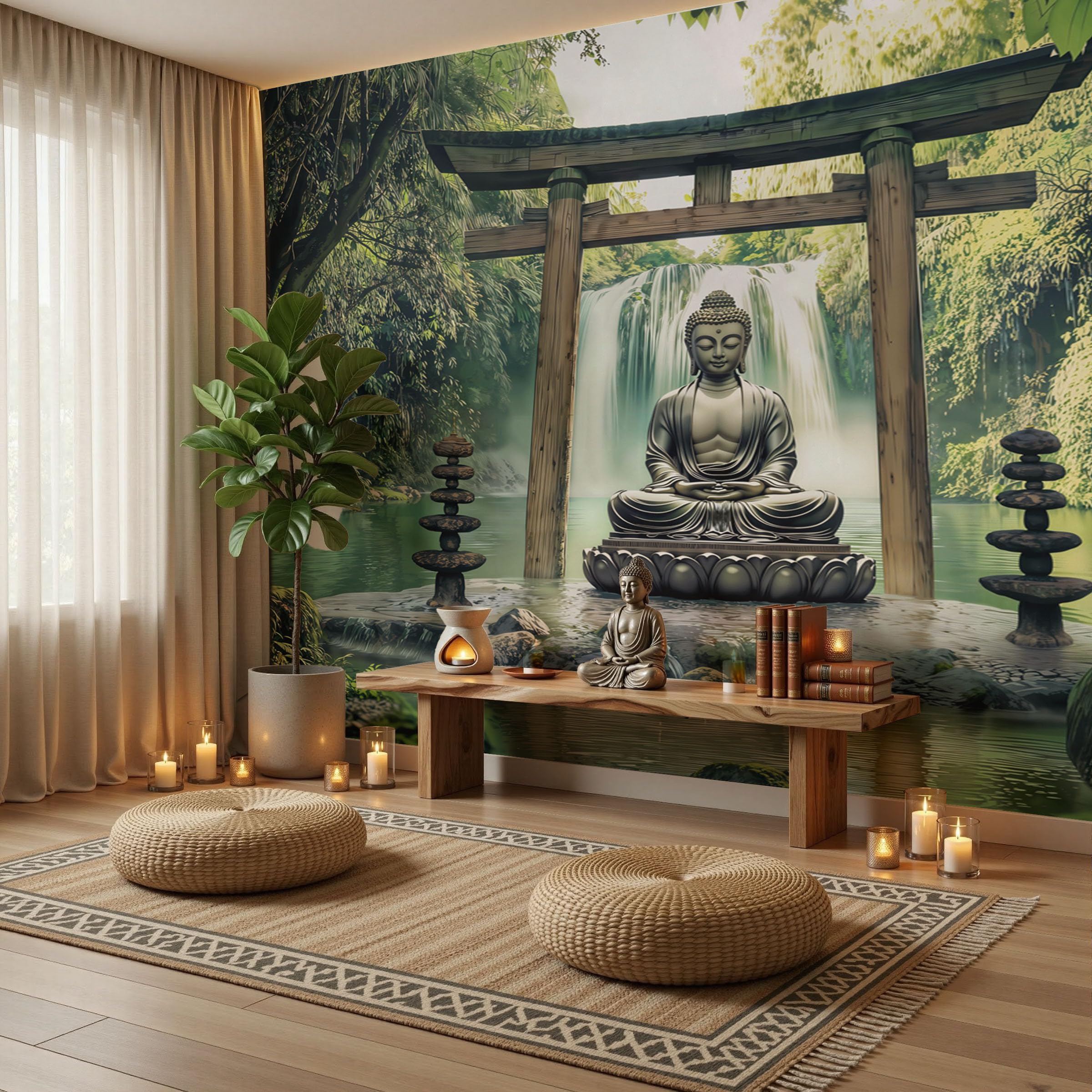 Carta da Parati Panoramica Paesaggio naturale in stile zen | Statue di Buddha, porte Torii, foresta Carta Da Parati Fotografica 300x210cm Da Parete Per Soggiorno Camera Da Letto Murali Seta Verde