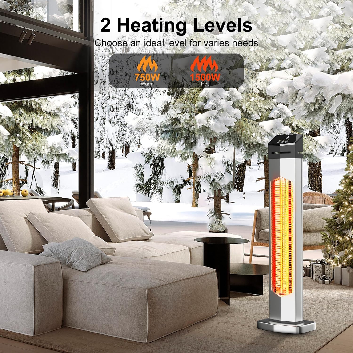 AKIRES 37IN Outdoor Electric Patio Heater,Portable Infrared Heaters With Remote,IP54 Waterproof Tower Space Heater,12H Timer,Large Room Heater for Garage Backyard Porch Balcony Shop Patio,Silver