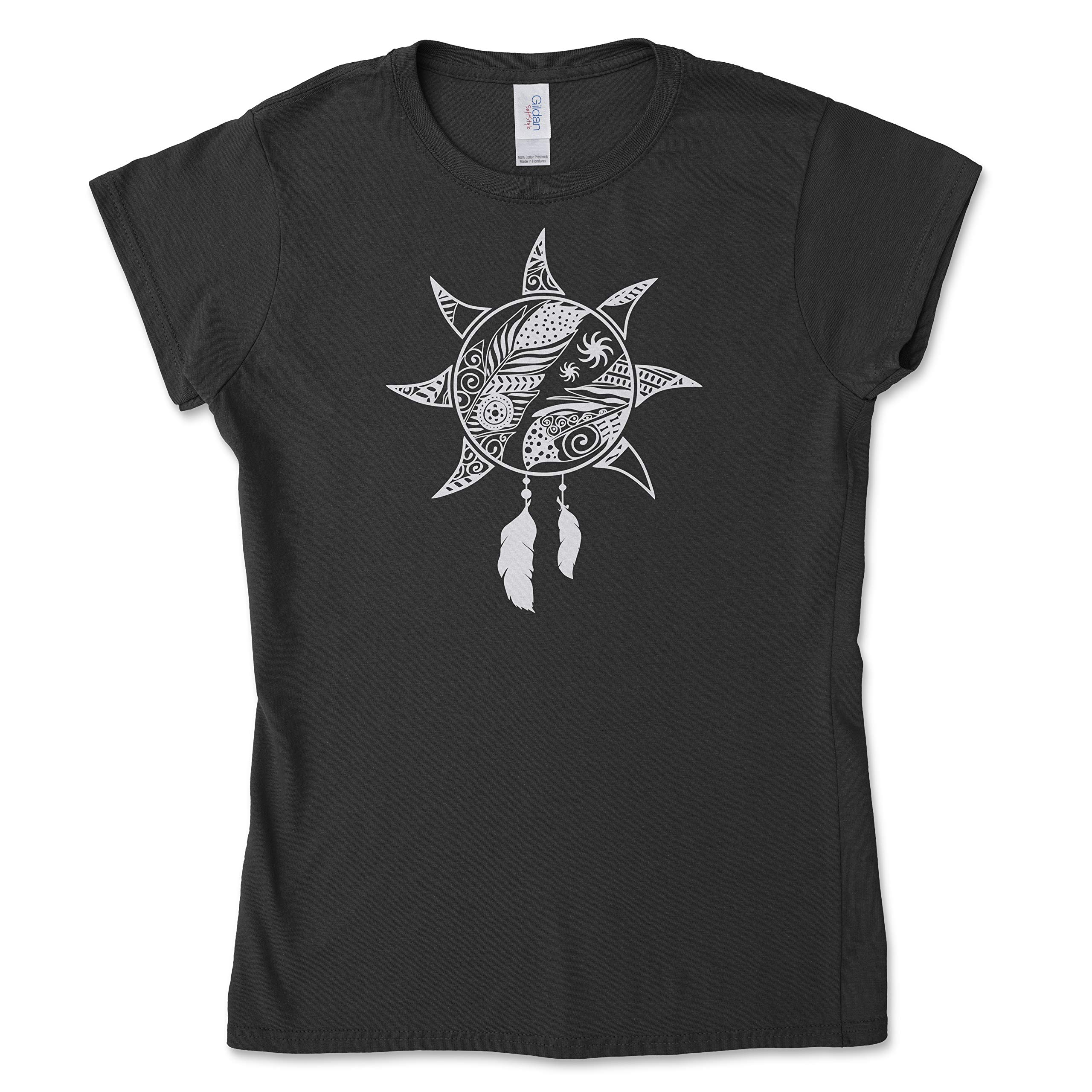 Woman's Casual Sun and Moon Boho Black T-Shirt Metallic Silver Print