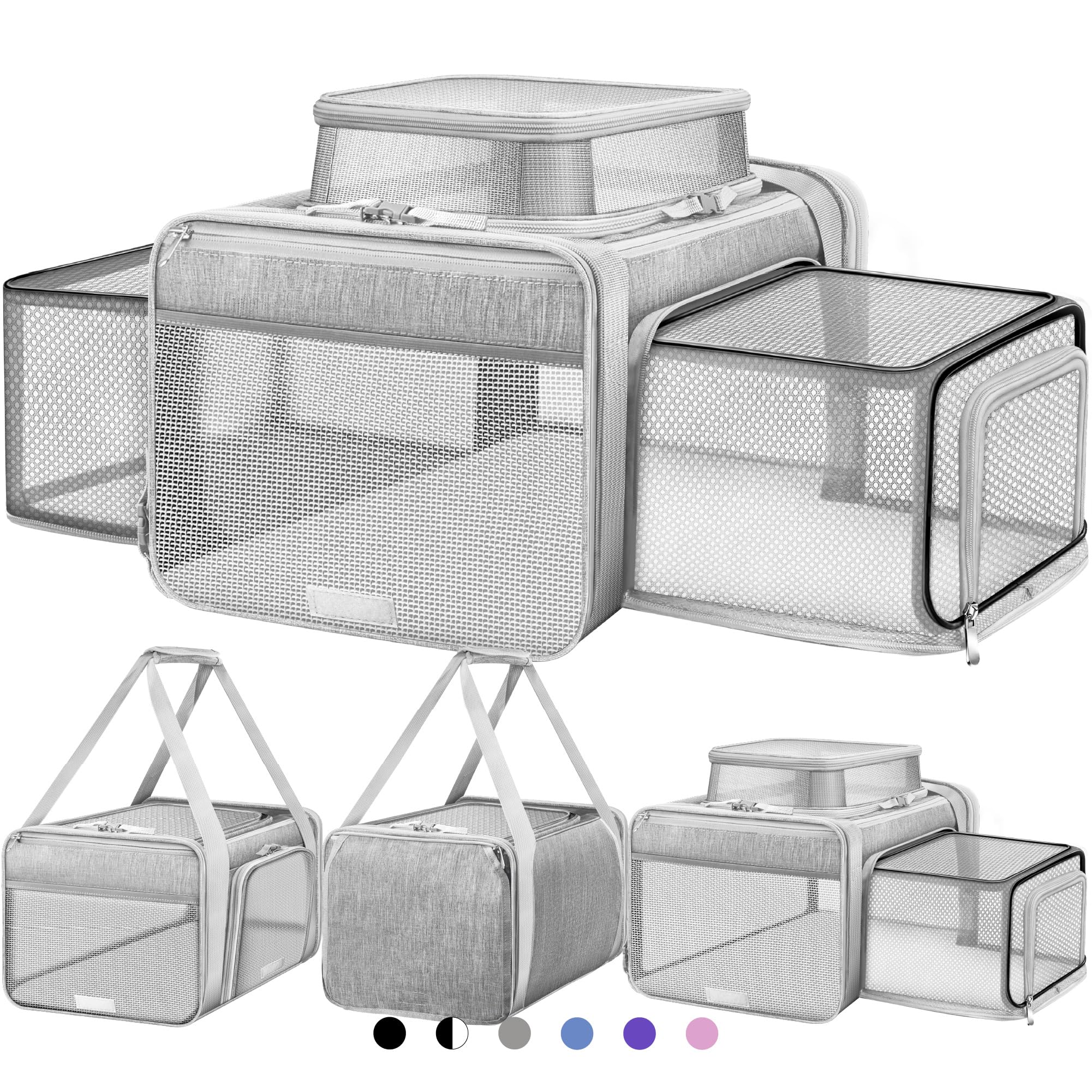 Top and 2 Sides Expandable Pet Carrier 17x11x9.5, TSA Airline Approved Small Dog Carrier for Small Dogs, Soft Side Cat Carrier with Self-Locking Zippers for Kitten,Rabbit, Puppy, Guinea Pig Grey