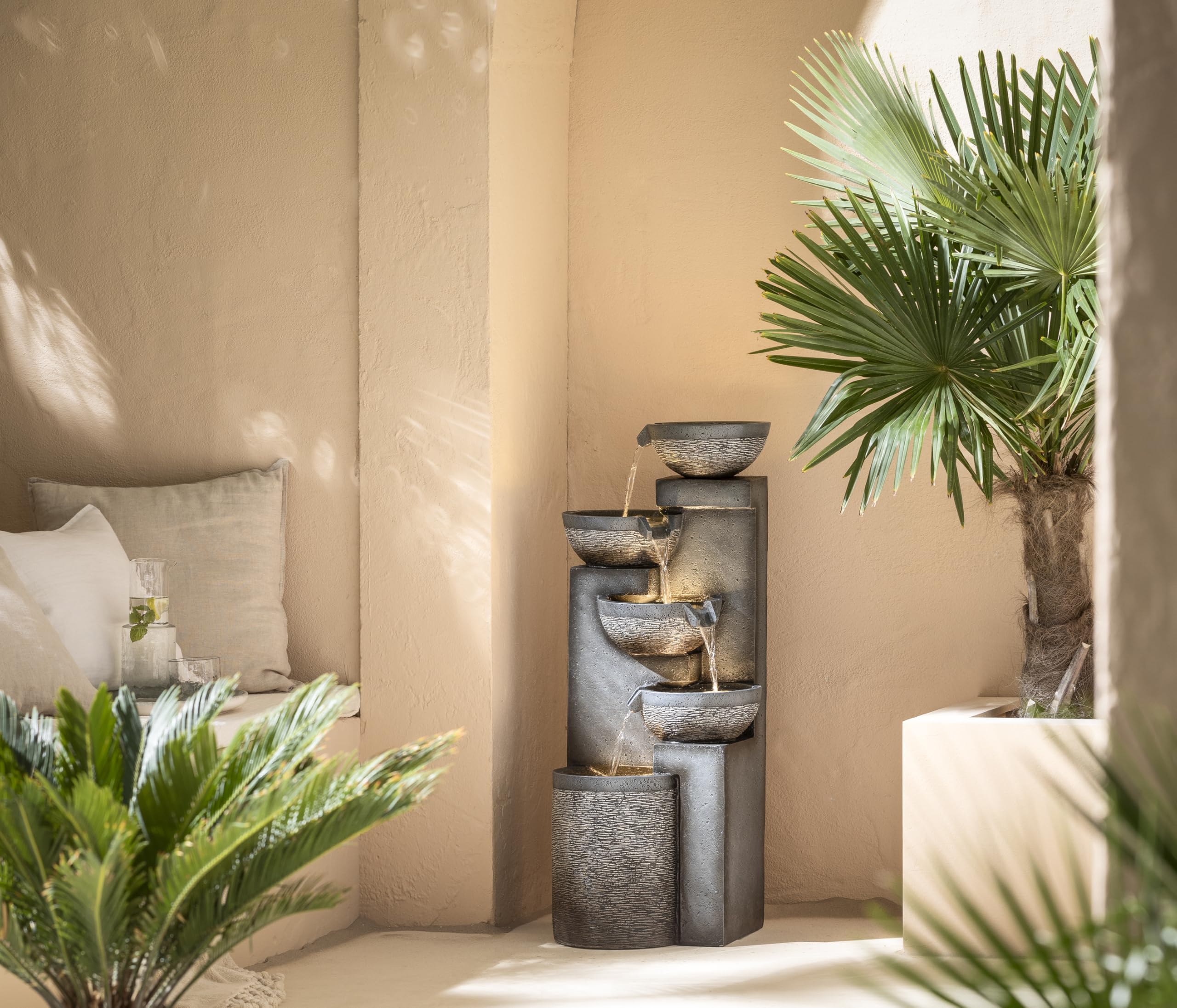 Dehner Gartenbrunnen Merkur, Terassenbrunnen frostbeständig, Brunnen für Außen, mit LED Beleuchtung, ca. 91 x 39 x 39 cm, Polyresin, grau