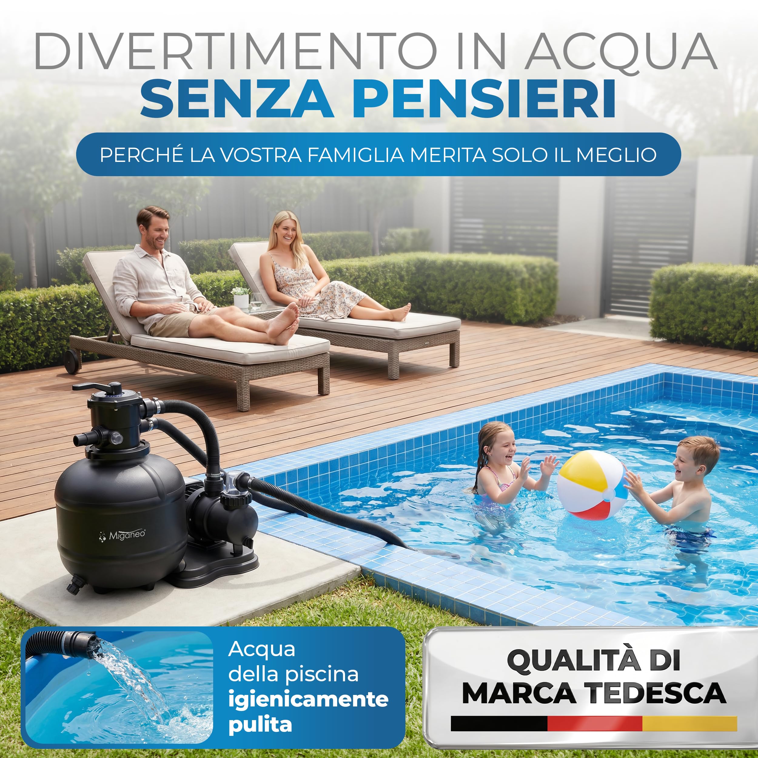 Miganeo Filtro a Sabbia Dynamic 8000 Pro - Nero | 8000 l/h | Sistema di filtraggio per piscine | Serbatoio 370 mm | autosucchiante