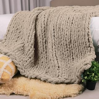 Carriediosa Chunky Knit Throw Blanket 50x60 Taupe - Handmade Chenille Loop Yarn Soft Fluffy Cozy for Couch Sofa Bed