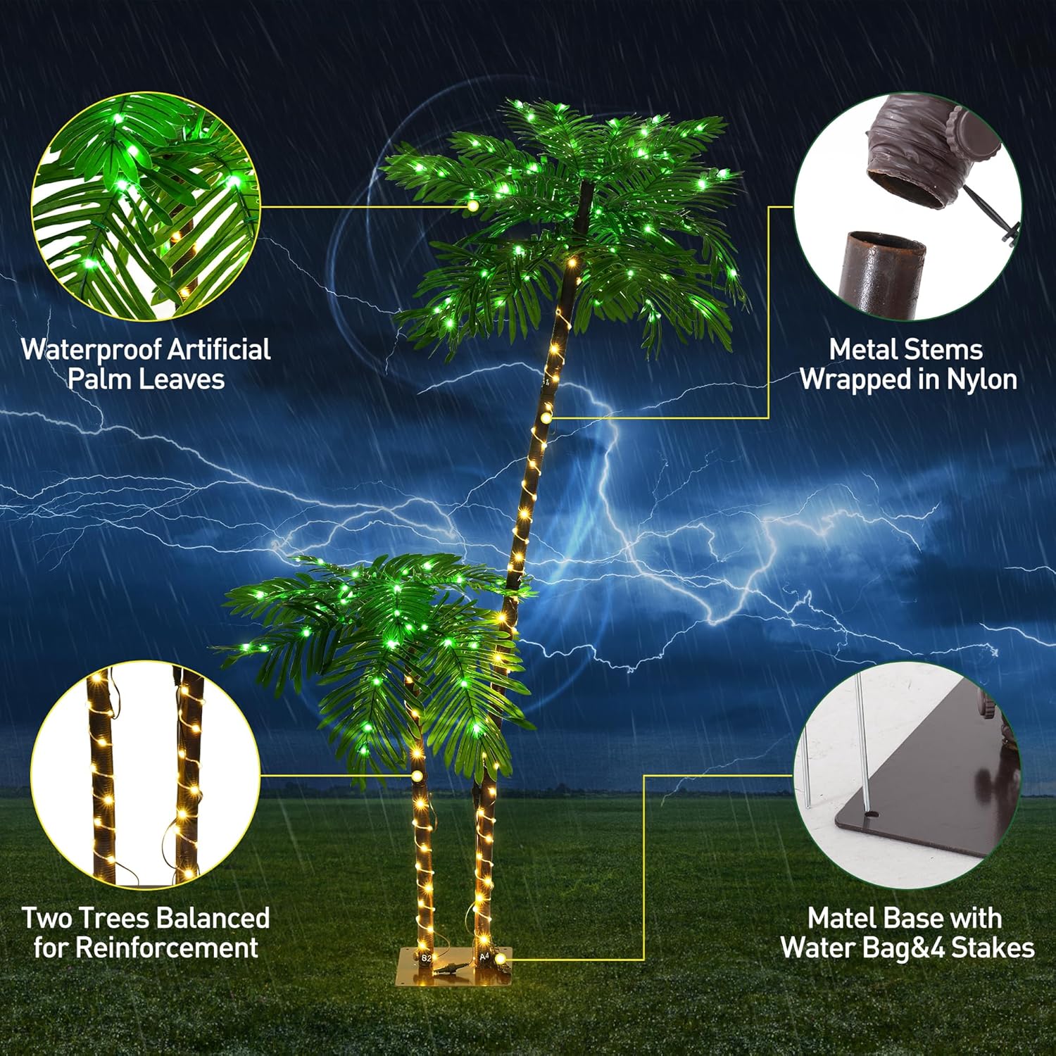 Solar-Powered Lighted Palm Trees 6FT Two-Tree, Adjustable LED Palm Trees for Outdoor Patio, 19 Lighting Modes, Waterproof Metal Trunk with Heavy Base, Perfect for Party Decor
