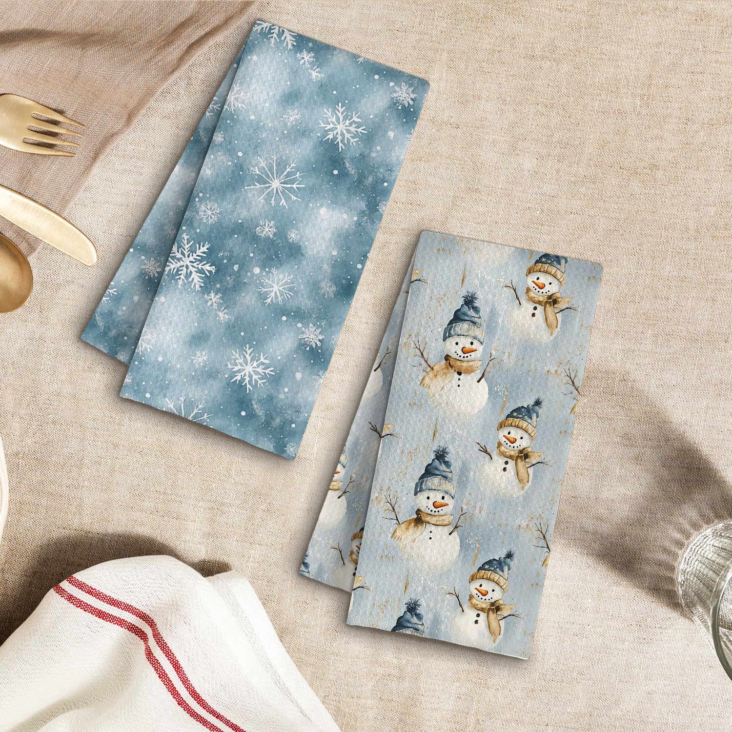 Blue Christmas Snowman Snowflake Kitchen Towels, Winter Christmas Dish Tea Towel for Kitchen, Holiday Xmas Winter Snowman Decorative Hand Towels for Bathroom, 16x24 Inches Set of 2 - Image 4