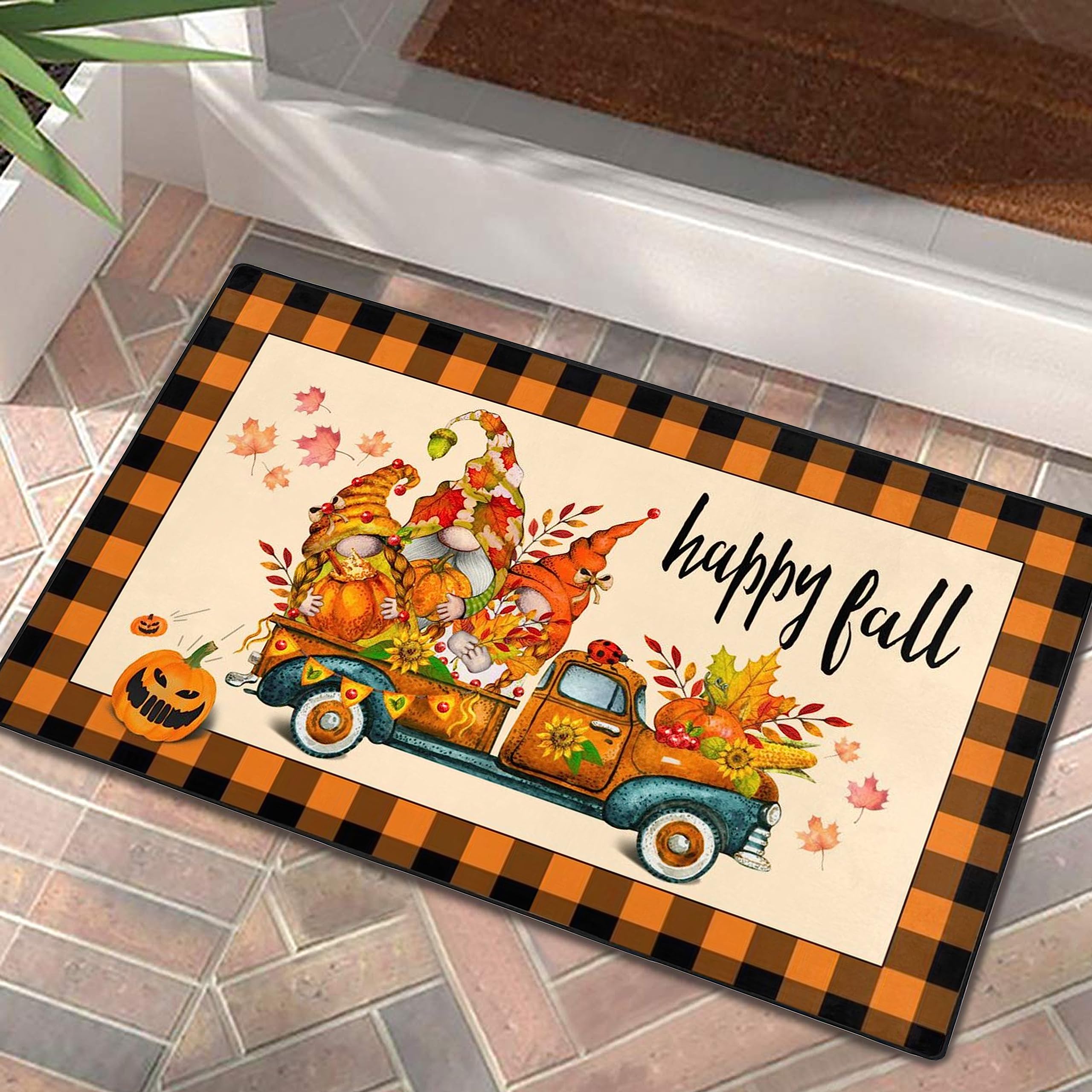 Happy Fall Doormat Funny Pumpkin Front Door Mat Autumn Harvest Thanksgiving Vintage Rustic Yard Non Slip Floor Mat Seasonal Home Decorate Indoor Outdoor Entrance 36X24 Inch