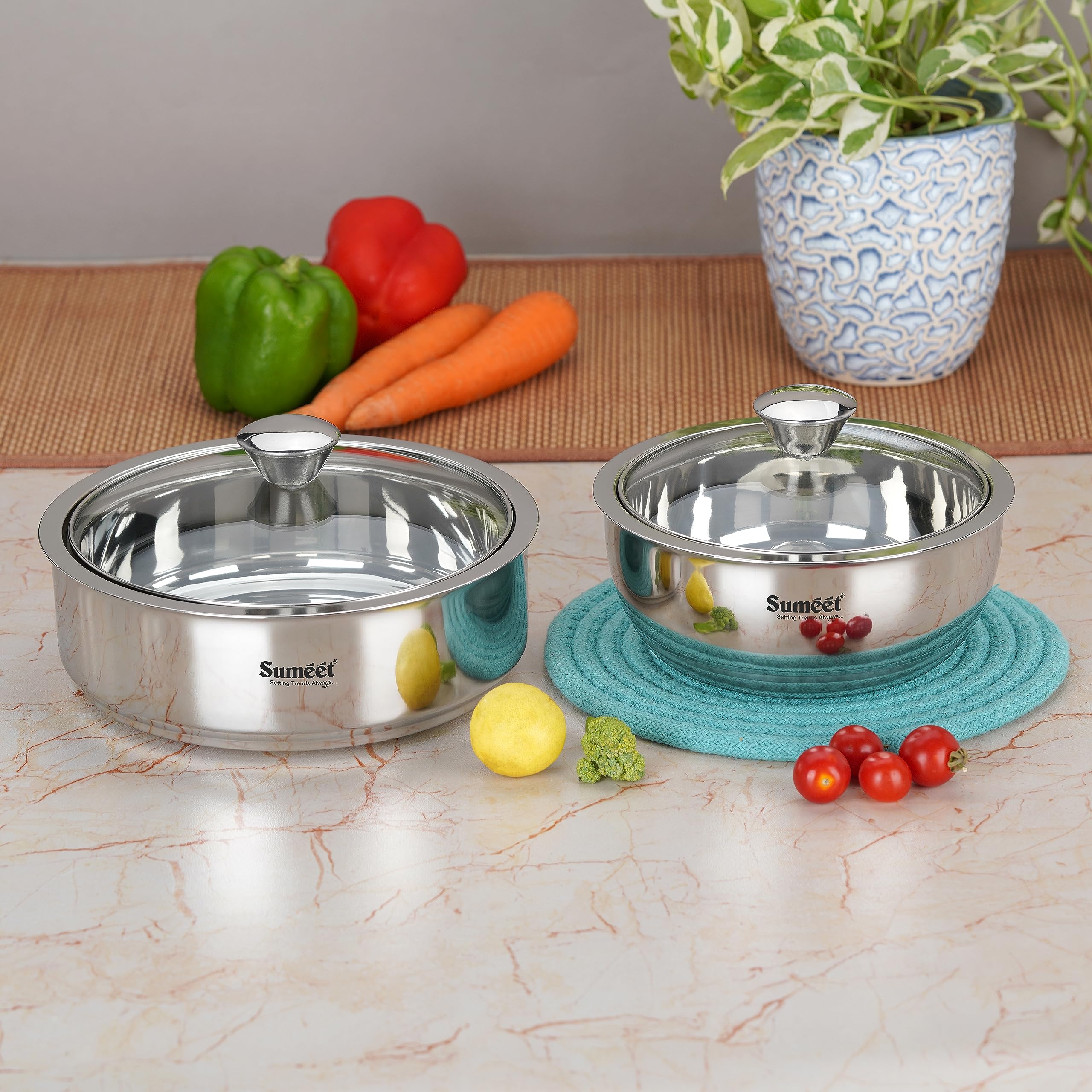 Sumeet Smart Serve - Set di 2 pentole isolanti in acciaio inox per sabji/sugo e roti/chapati da 1 l ciascuno, colore: argento