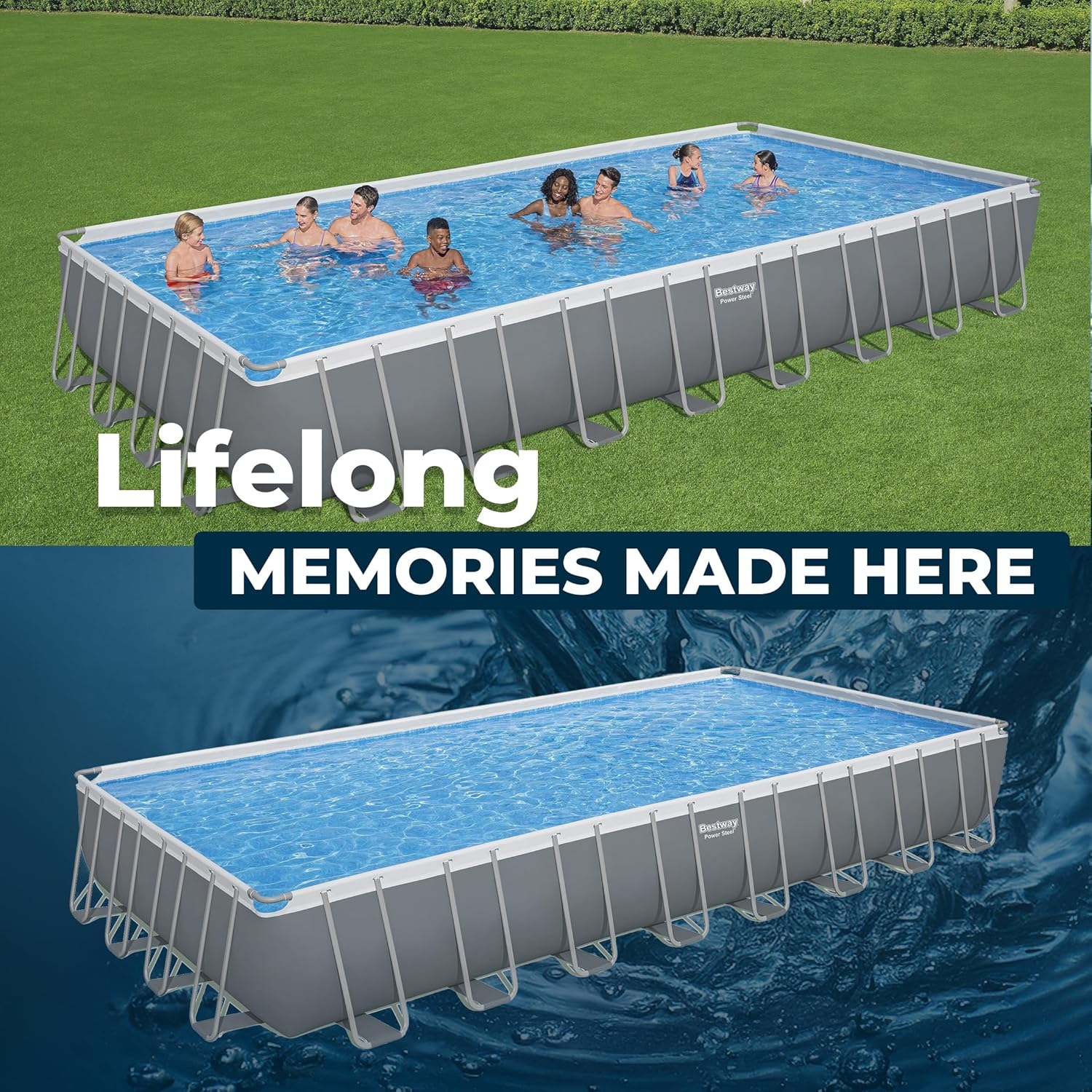 Bestway Power Steel 31’4" x 16' x 52” Above Ground Pool, Rectangular Metal Frame Outdoor Swimming Pool Set with Sand Filter Pump, Ladder, and Cover